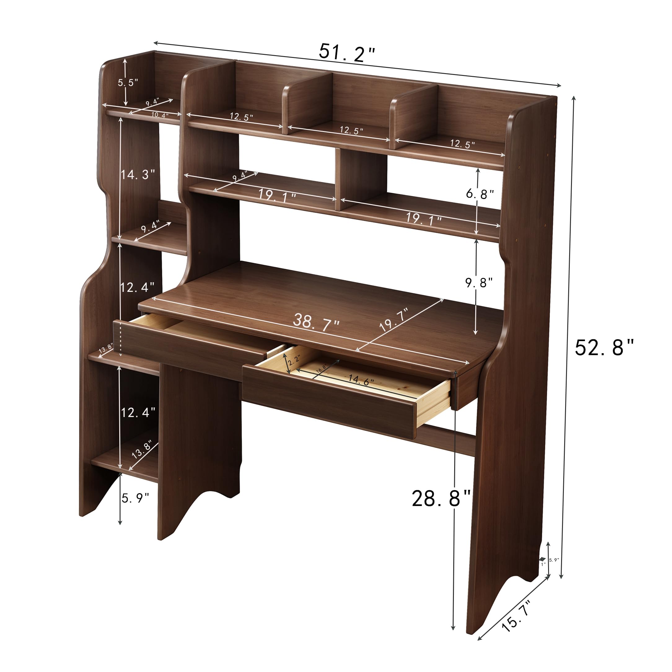 Kids Study Desk with Drawers & Bookshelf - Solid Rubber Wood Computer Workstation for Children, Writing Table for Students - Perfect for Homeschooling, Online Learning & Homework (Brown)