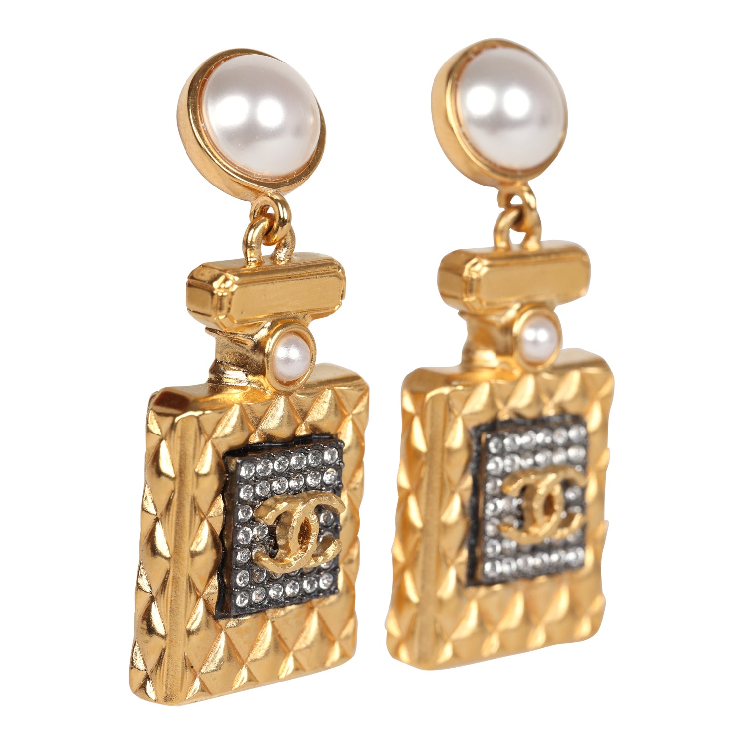 Chanel Crystal Pearl Perfume Bottle Dangle Earrings - Gold Plated Luxury Jewelry for Women, Perfect for Evening Parties & Special Occasions