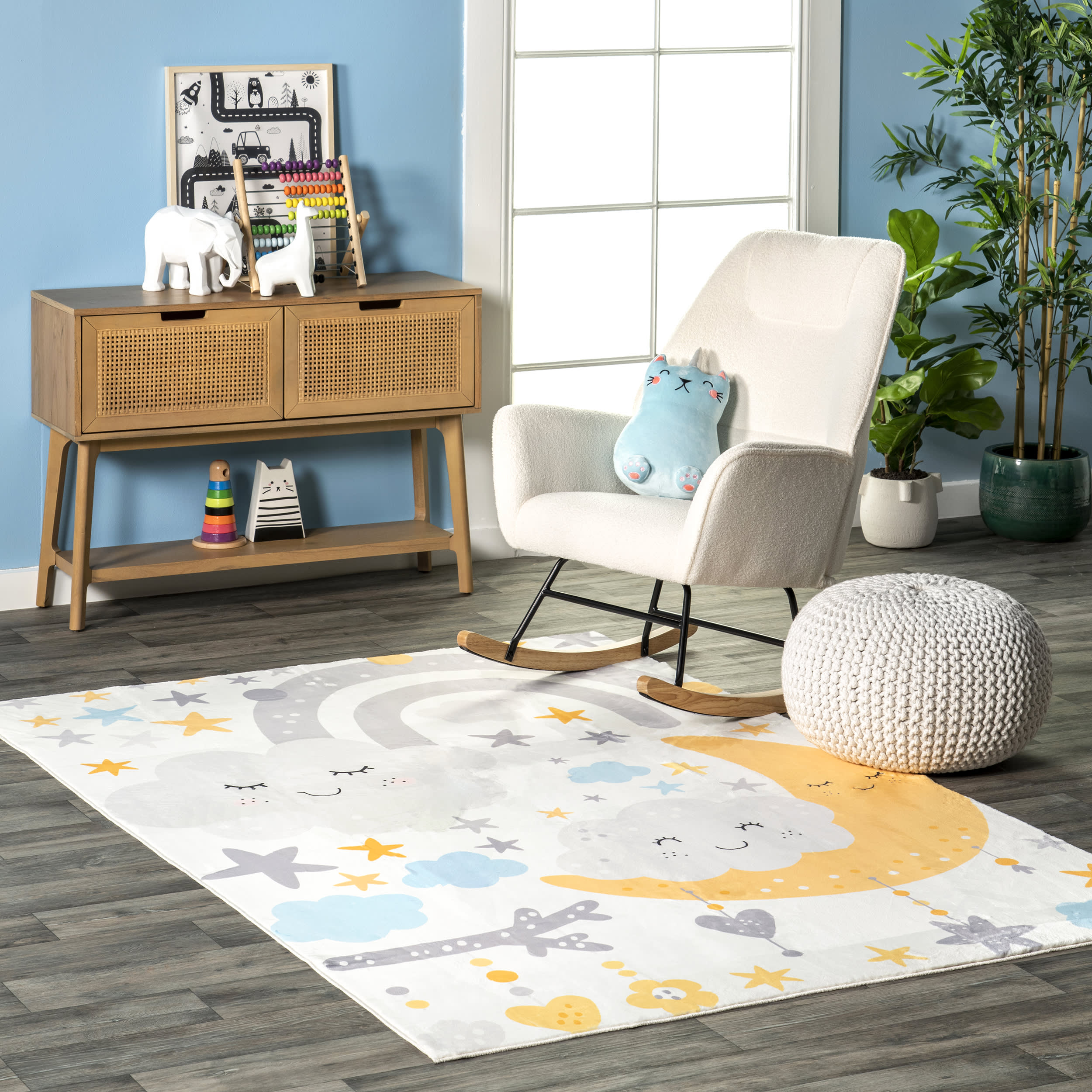 Beatriz Kids Washable Crescent Rug - Soft Non-Slip Nursery Rug for Playroom & Bedroom - White & Multicolor Design for Boys & Girls