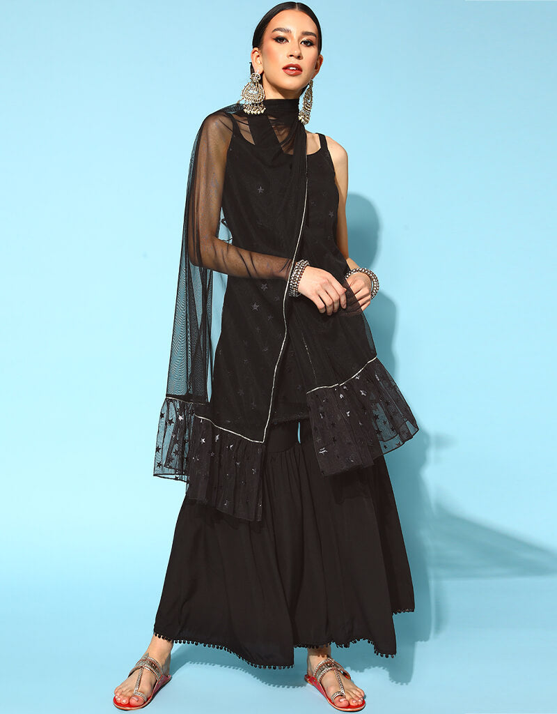 Elegant Black Poly Crepe Sharara Suit for Women - Stylish Pakistani/Indian Ethnic Outfit for Weddings, Parties & Festivals