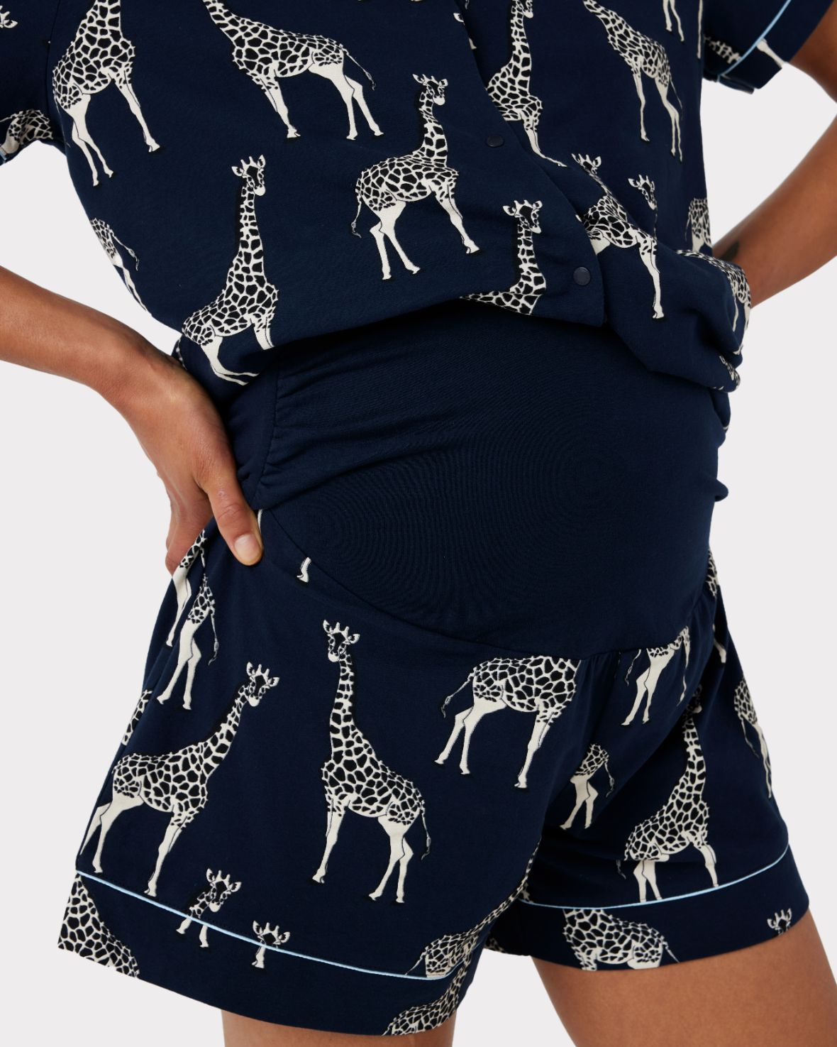Organic Cotton Maternity Pajama Set with Giraffe Print - Navy Blue | Comfortable Sleepwear for Pregnant Women & Nursing Moms