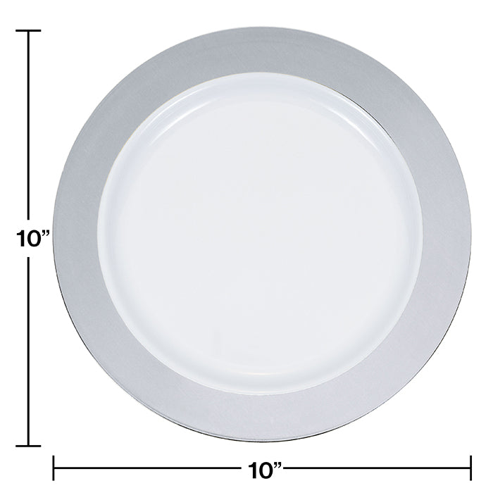 10.25 Inch Silver Rim Plastic Plates - Set of 10, Durable Disposable Dinner Plates for Parties, Picnics, BBQs & Everyday Use