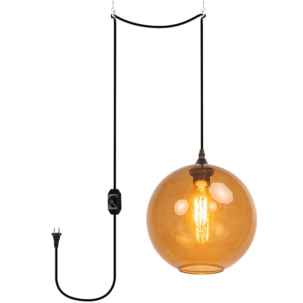 ANYE Brown Crystal Globe Glass Shade Pendant Light - 15ft Plug-in Cord with UL Listed On/Off Dimmer Switch - Vintage Industrial Loft Lighting Fixture (Bulbs Not Included) - Perfect for Dining Room, Bedroom, or Cafe Decor