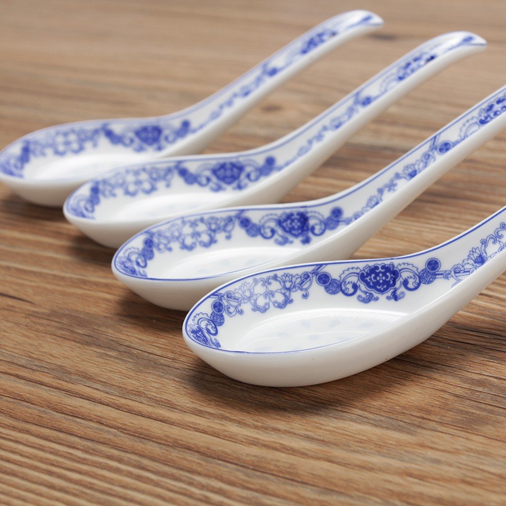 Porlien 4-Piece Blue Floral Porcelain Chinese Knot Soup Spoon Set - 5 Inch Elegant Asian Dining Utensils for Soup, Dessert & Tea Ceremonies