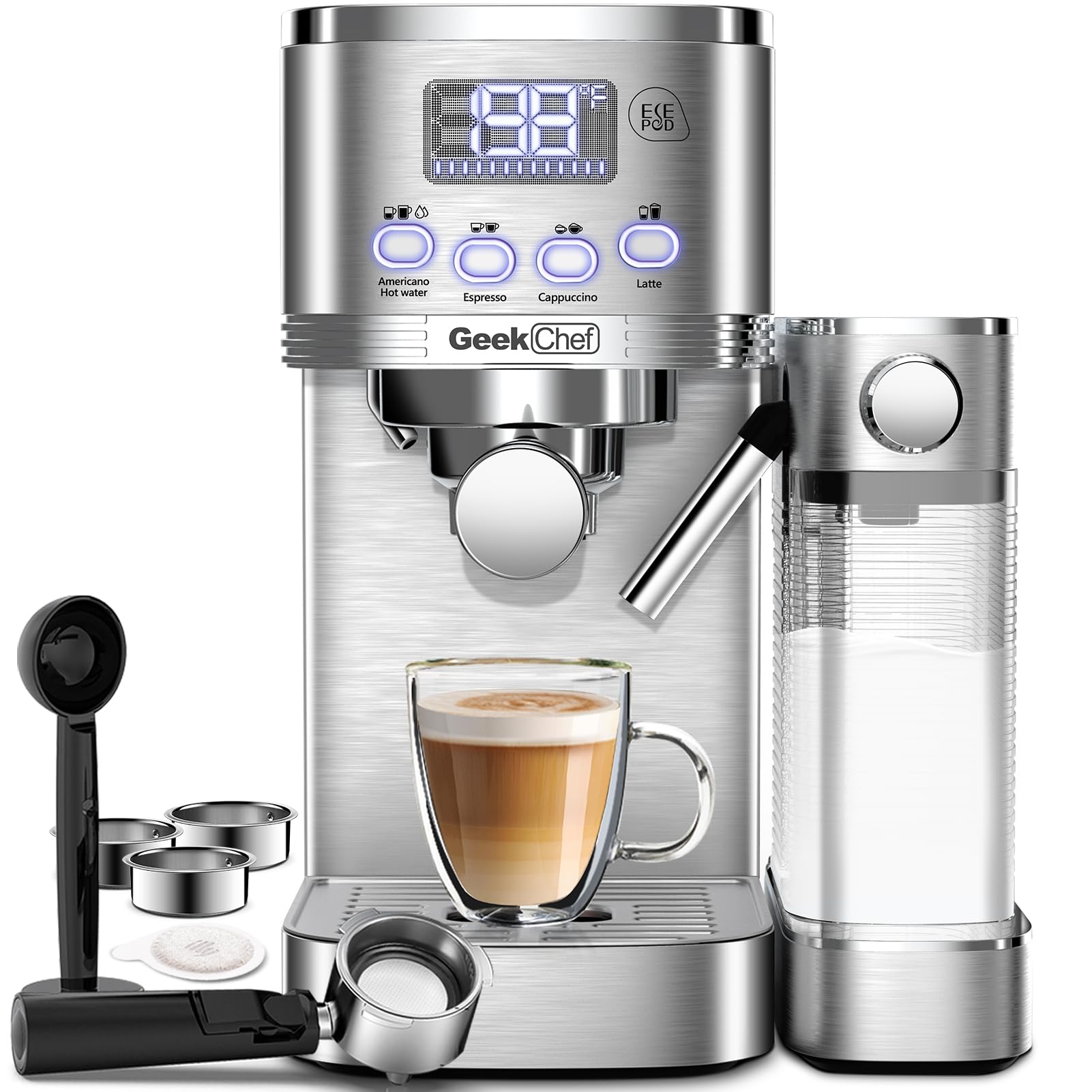 Premium Geek Chef 20Bar Espresso & Cappuccino Machine with Auto Milk Frother - Stainless Steel Home Coffee Maker for Latte, Cappuccino & ESE Pods | Perfect Gift for Coffee Lovers | Ideal for Home Kitchens, Offices & Cafés