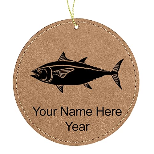 LaserGram Personalized Engraved Faux Leather Christmas Ornament - Round Tuna Fish Design in Light Brown | Perfect for Holiday Tree Decor, Gift Giving & Festive Home Decoration