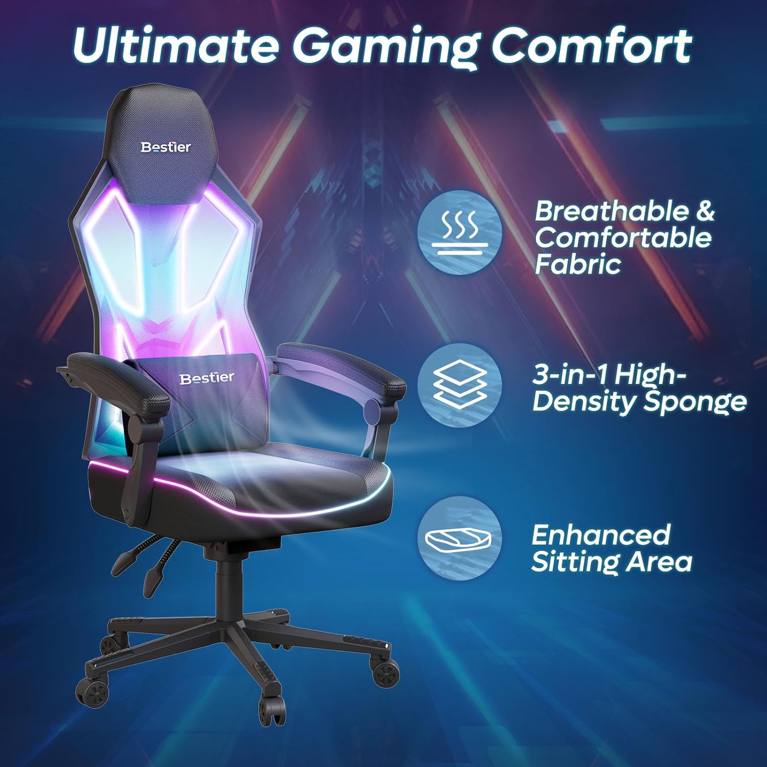 Bestier Ergonomic Gaming Chair with RGB LED Lights - Adjustable Height & Lumbar Support for PC Gamers - Perfect for Esports, Streaming & Home Office Setup