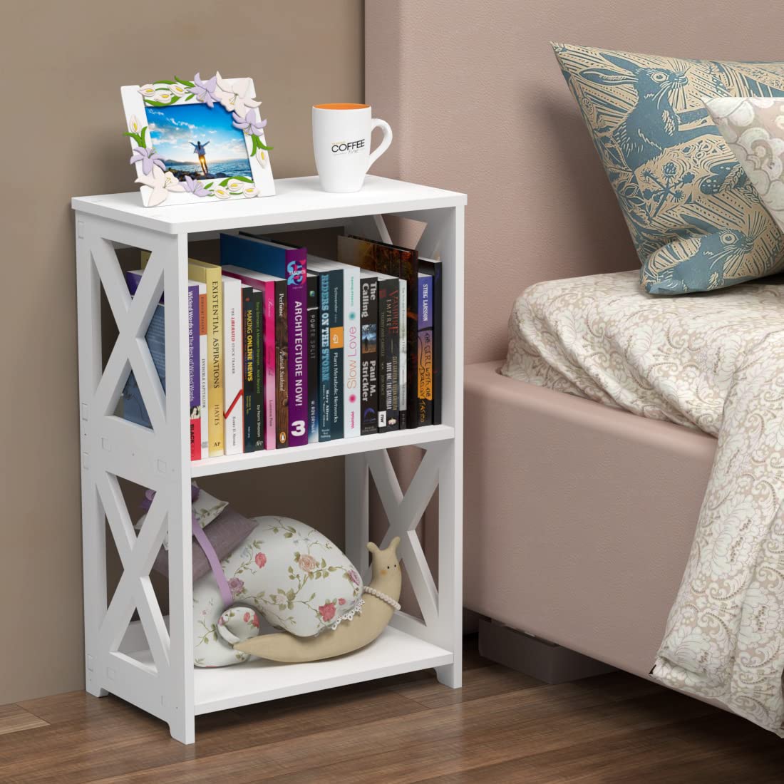 3-Tier White PVC Waterproof Bedside Table - Compact Bookshelf & Storage Cabinet for Bedroom, Bathroom, Living Room | Space-Saving Accent Table for Small Apartments, Dorms & Office Spaces