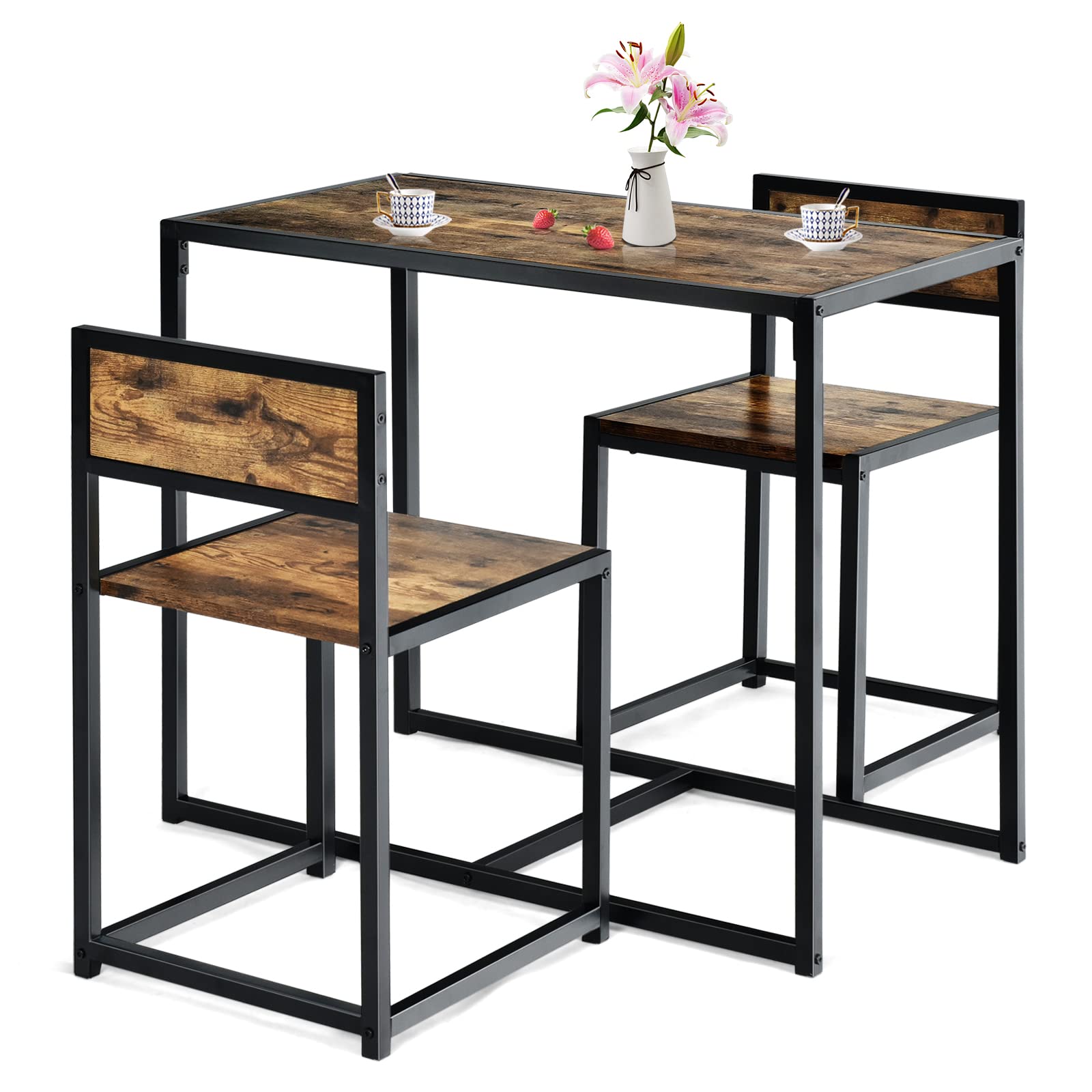 COSTWAY 3-Piece Kitchen Table Set with 2 Chairs | Space-Saving Metal Frame Dining Table for Small Spaces | Perfect for Kitchen, Living Room, Cafe & Bar | Antique Style Home Decor | Ideal for Breakfast Nooks & Apartment Dining