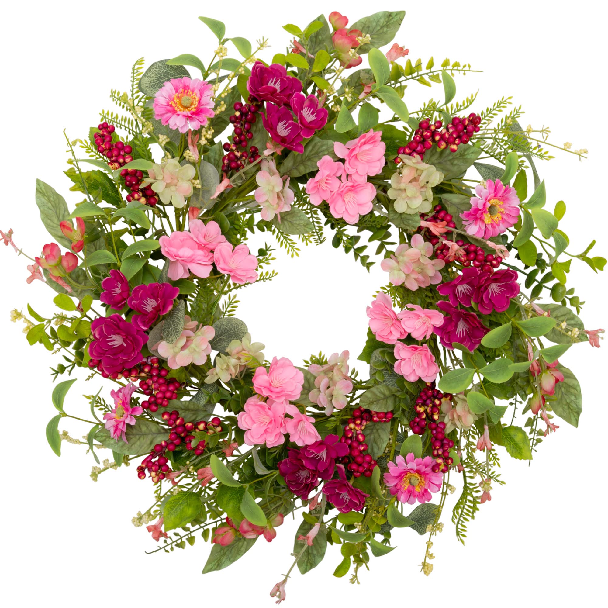 20 Inch Artificial Spring Summer Wreath with Pink Flowers & Green Foliage - Farmhouse Door Decor for Home, Wedding, Party | Indoor/Outdoor Seasonal Decoration