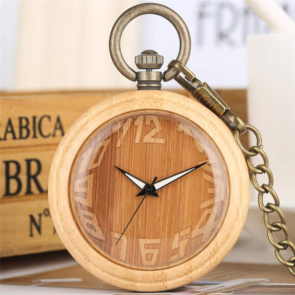 Vintage Bamboo Pocket Watch with Luminous Hands - Open Face Wooden FOB Watch for Men - Bronze Rough Pendant Clock - Perfect for Steampunk Costumes, Historical Reenactments & Collector's Display