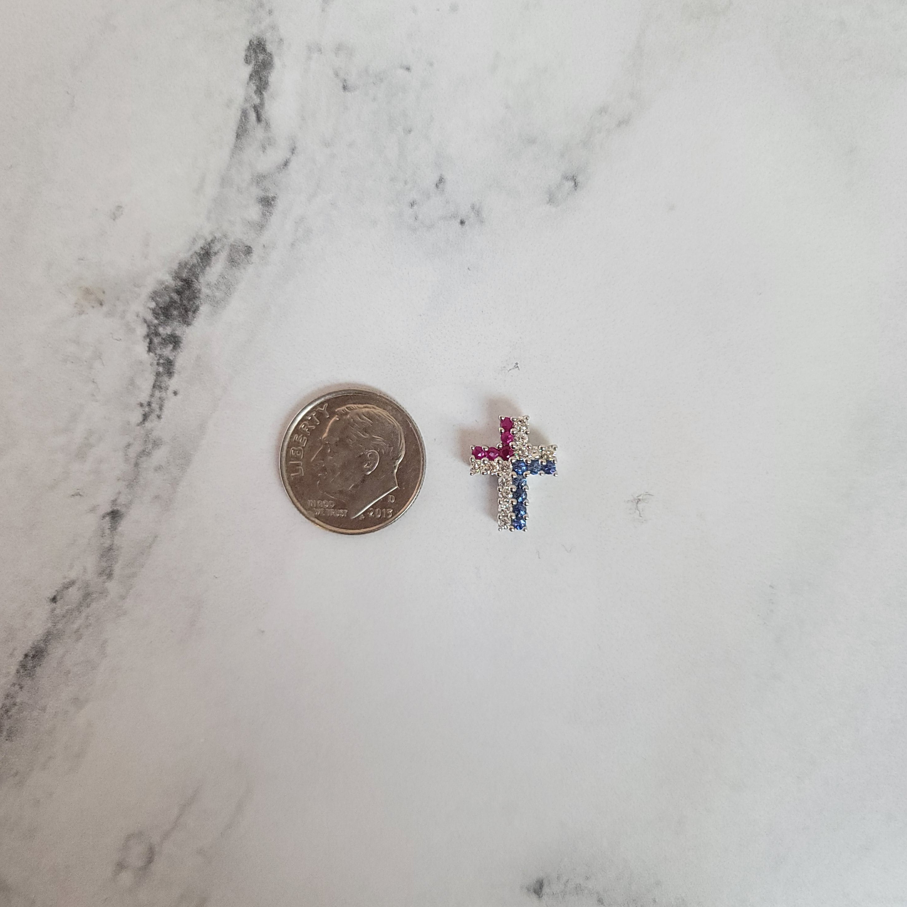14K White Gold Diamond, Ruby & Sapphire Cross Pendant Necklace for Women - Elegant Religious Jewelry Gift for Baptism, Confirmation & Special Occasions