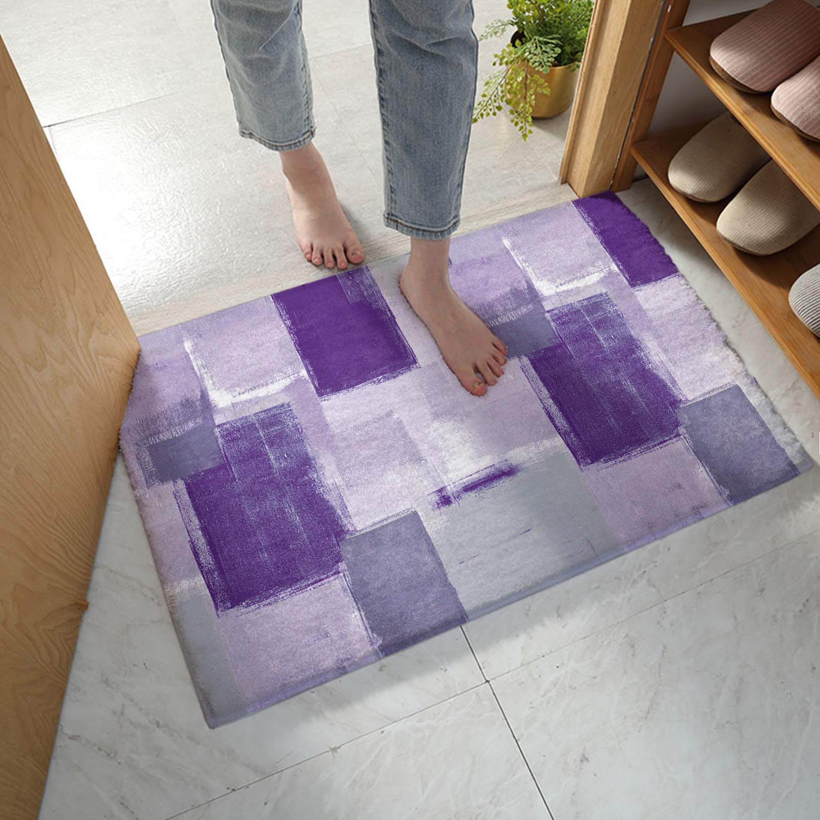 Soft Plush Bath Mat - Non-Slip Absorbent Shaggy Bathroom Rug with Abstract Graffiti Purple & Gray Design (16