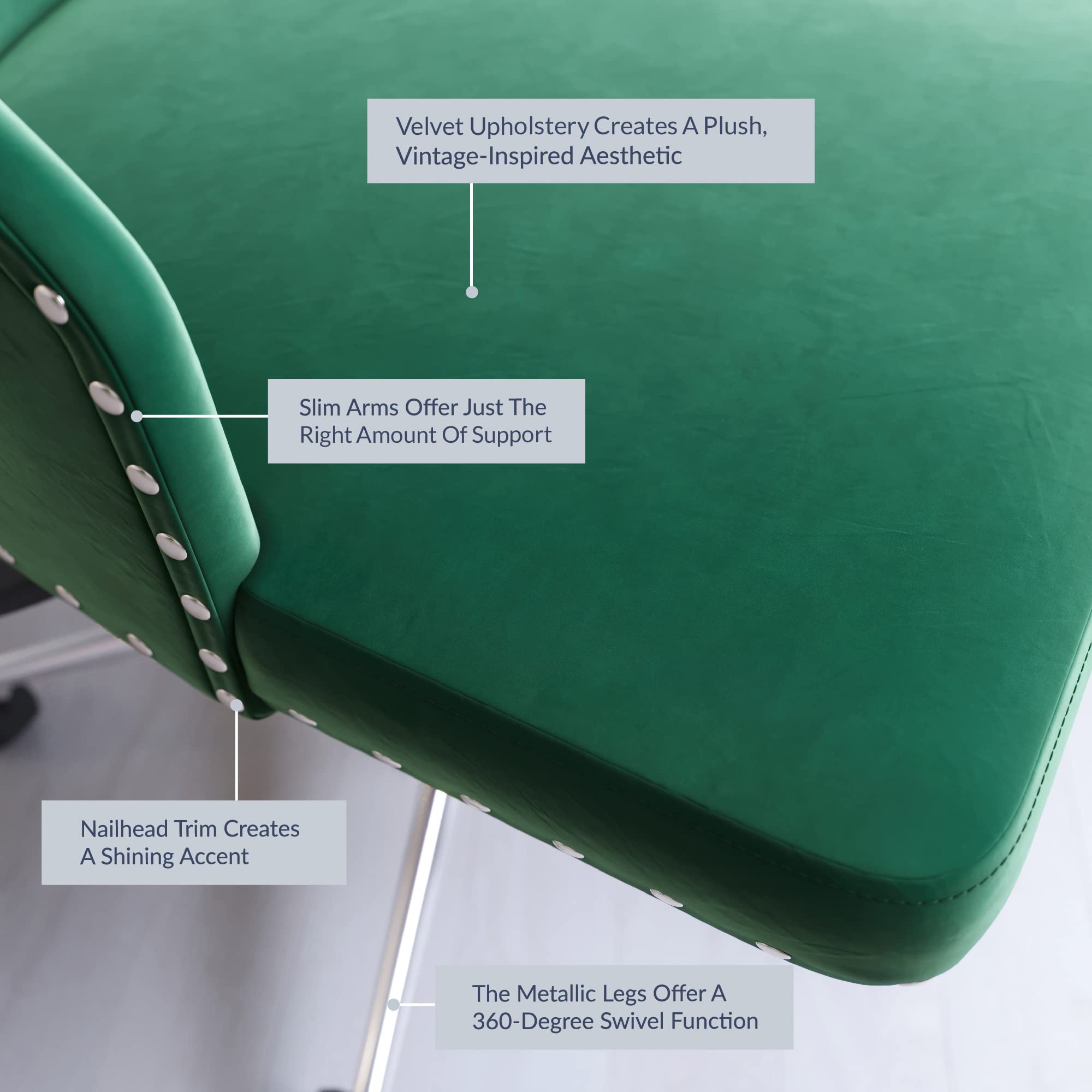 BELLEZE Modern Velvet Desk Chair - Adjustable Height Swivel Office Chair with Wheels, Tufted Upholstered Seat & Slim Arms for Home Office, Bedroom Vanity or Study Room - Belden Green Velvet Chair for Comfortable Working & Studying