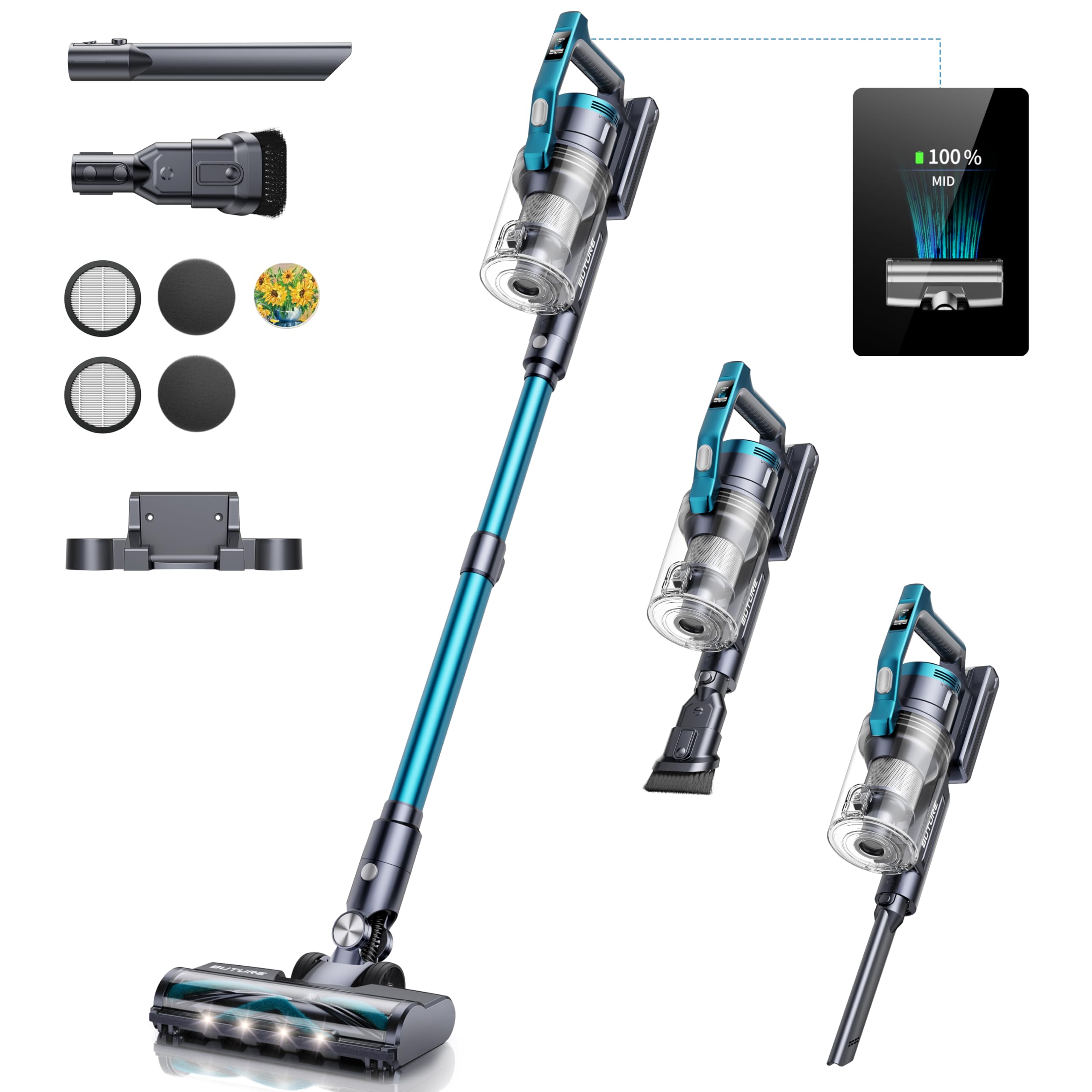 BuTure Cordless Vacuum Cleaner - 38KPa Powerful Suction Stick Vacuum with LED Display, 55min Runtime, Multi-Cone Filtration - Lightweight Handheld Vacuum for Hardwood Floors, Carpets & Pet Hair - Perfect for Home Cleaning & Pet Owners