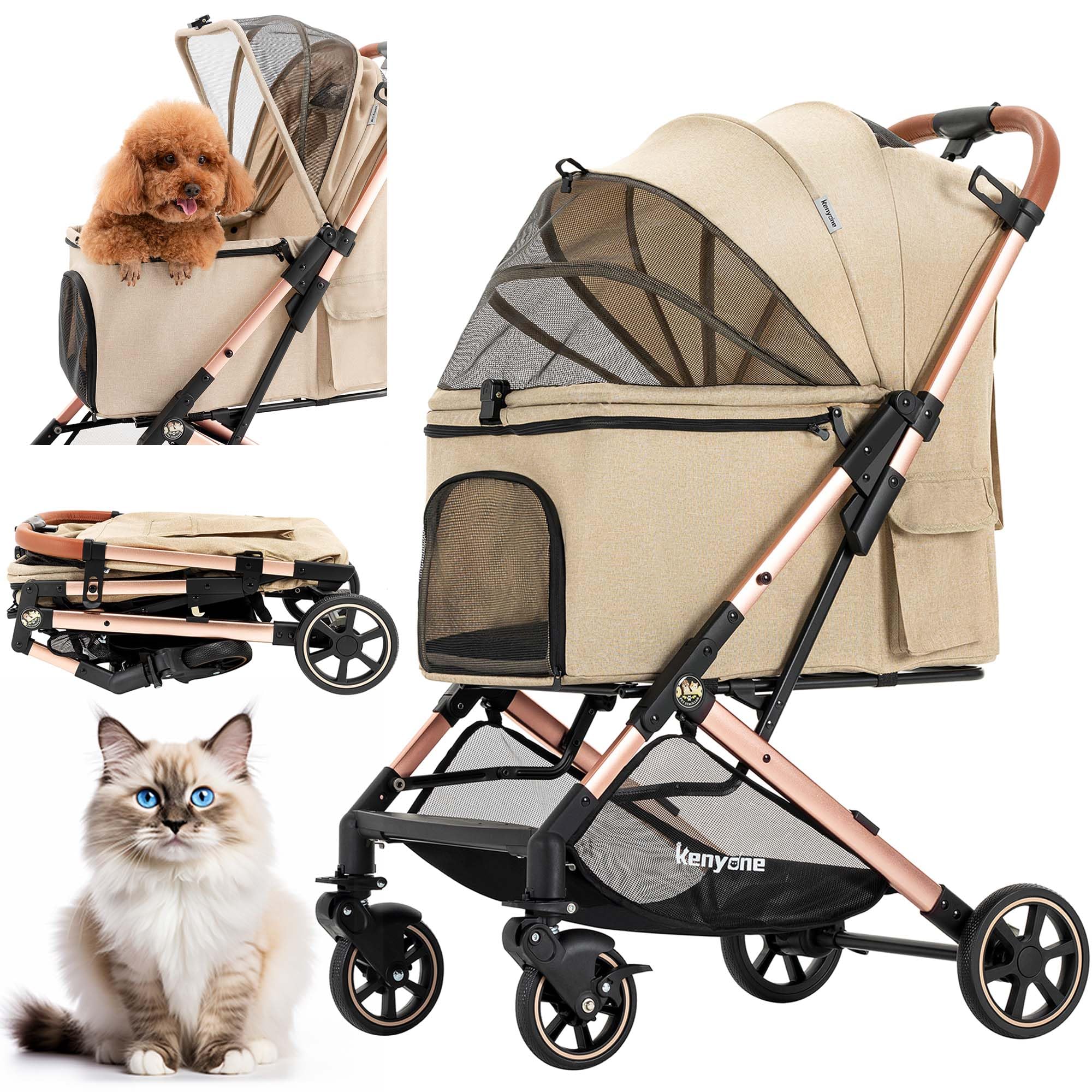 Kenyone Medium Dog Stroller for Pets Up to 55lbs - Lightweight Aluminum Frame, One-Click Folding, No-Zip Entry & Detachable Mesh - Perfect for Walks, Vet Visits & Outdoor Adventures