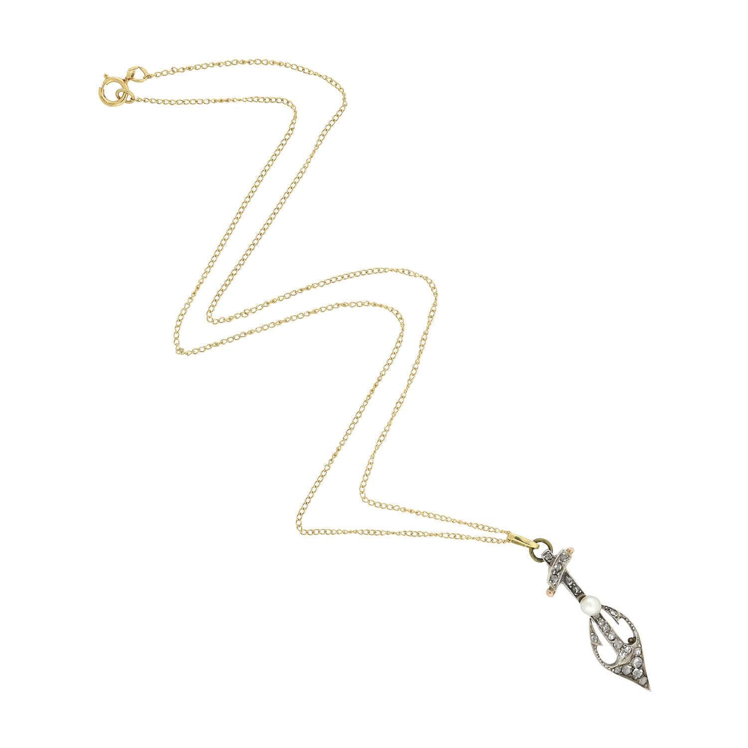 Victorian Style 18K Gold & Sterling Silver Diamond and Pearl Anchor Pendant Necklace - Elegant Jewelry Gift for Women, Perfect for Weddings, Anniversaries and Special Occasions