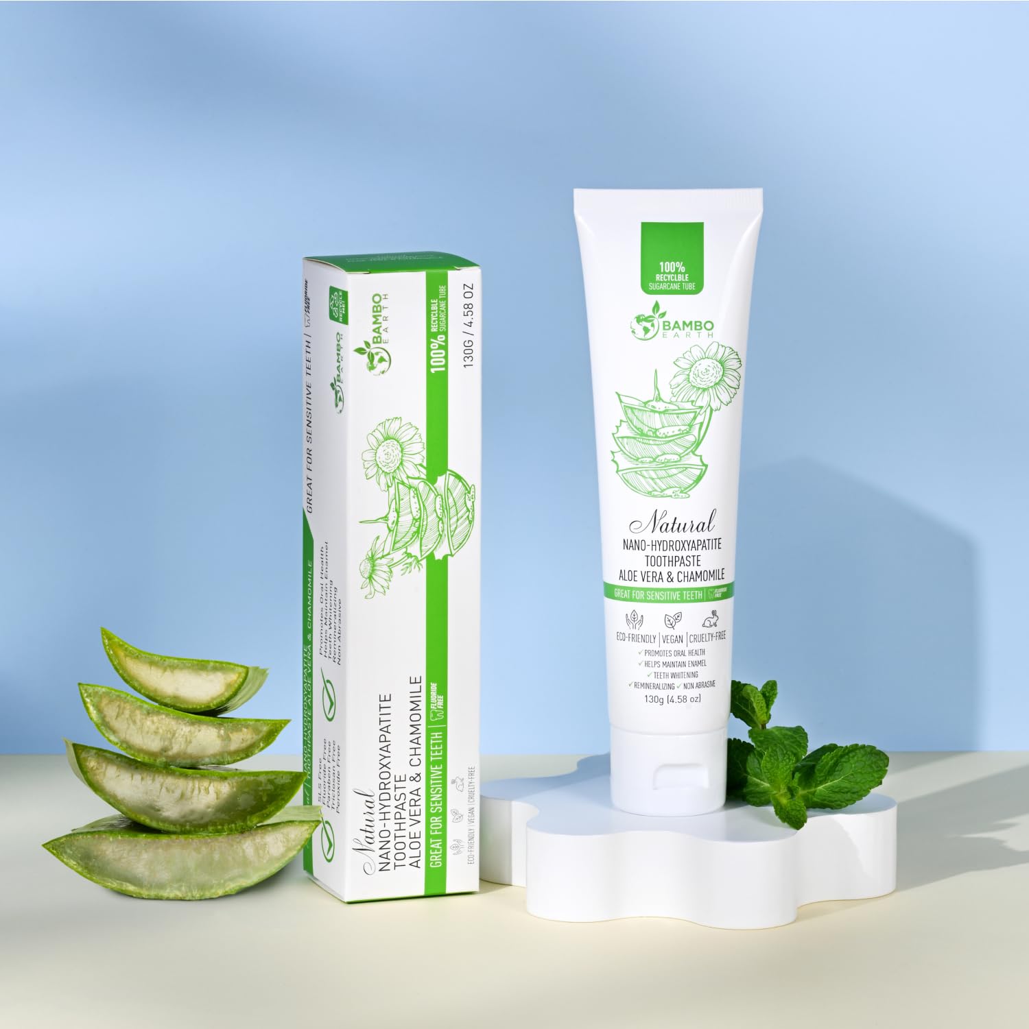 Natural Fluoride-Free Toothpaste with Nano Hydroxyapatite - Remineralizing, Whitening & Sensitive Teeth Relief - Zero Waste Eco-Friendly Tube - Dentist Recommended for Adults & Kids (Aloe Vera & Chamomile Flavor) - Perfect for Daily Oral Care, Travel & Sustainable Lifestyle