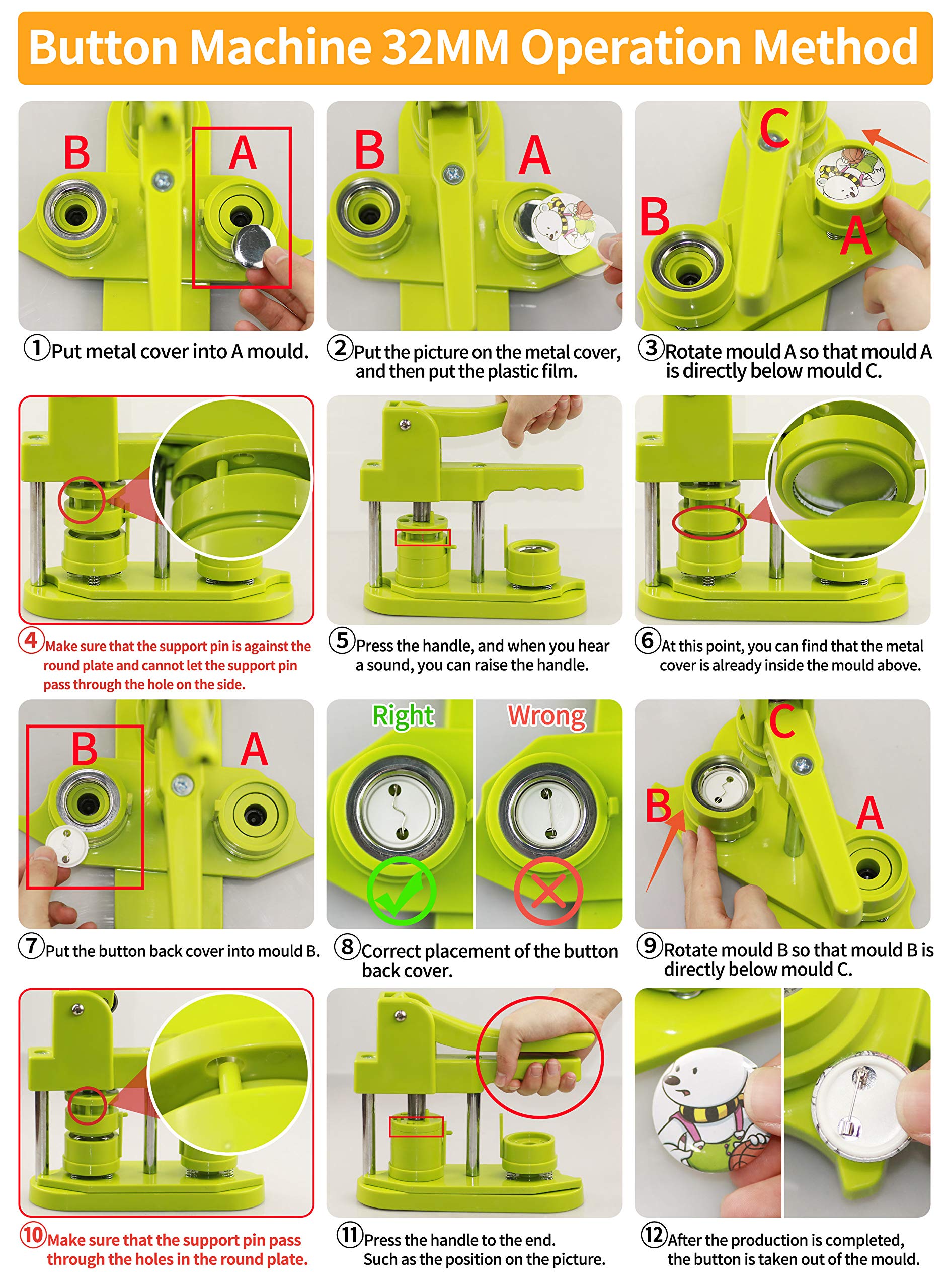 32mm (1.25 inch) DIY Button Maker Machine - No Installation Required Pin Badge Press with 500pcs Button Parts, 100pcs Pictures & Adjustable Circle Cutter (Green) - Perfect for Custom Pins, DIY Gifts, School Projects & Craft Fairs
