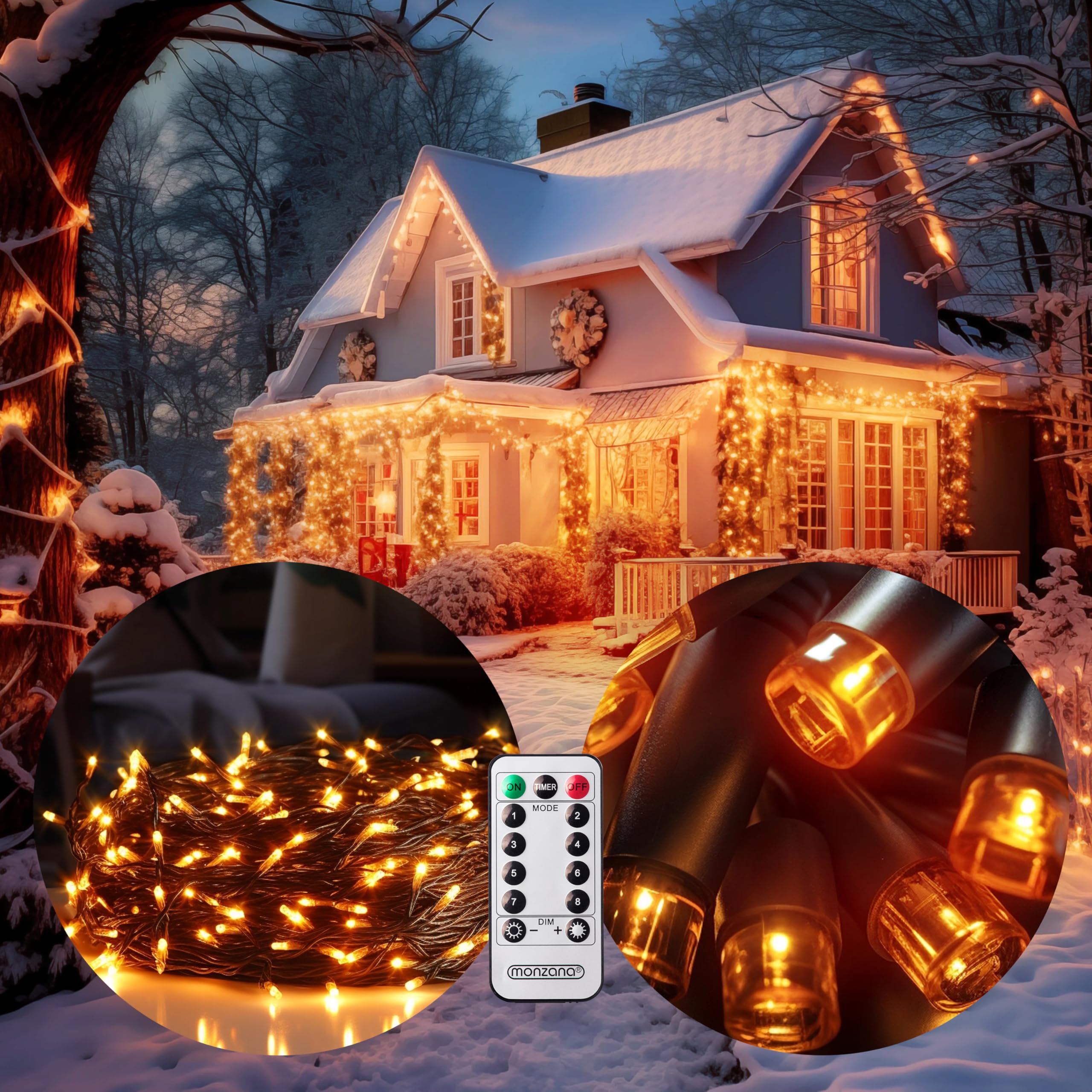 MONZANA® 600 LED String Lights 60m with Remote Control & Timer - 8 Modes, Dimmable, IP44 Waterproof for Indoor/Outdoor Use - Christmas Lights, Party Decor, Garden, Patio, Wedding Warm White Lighting