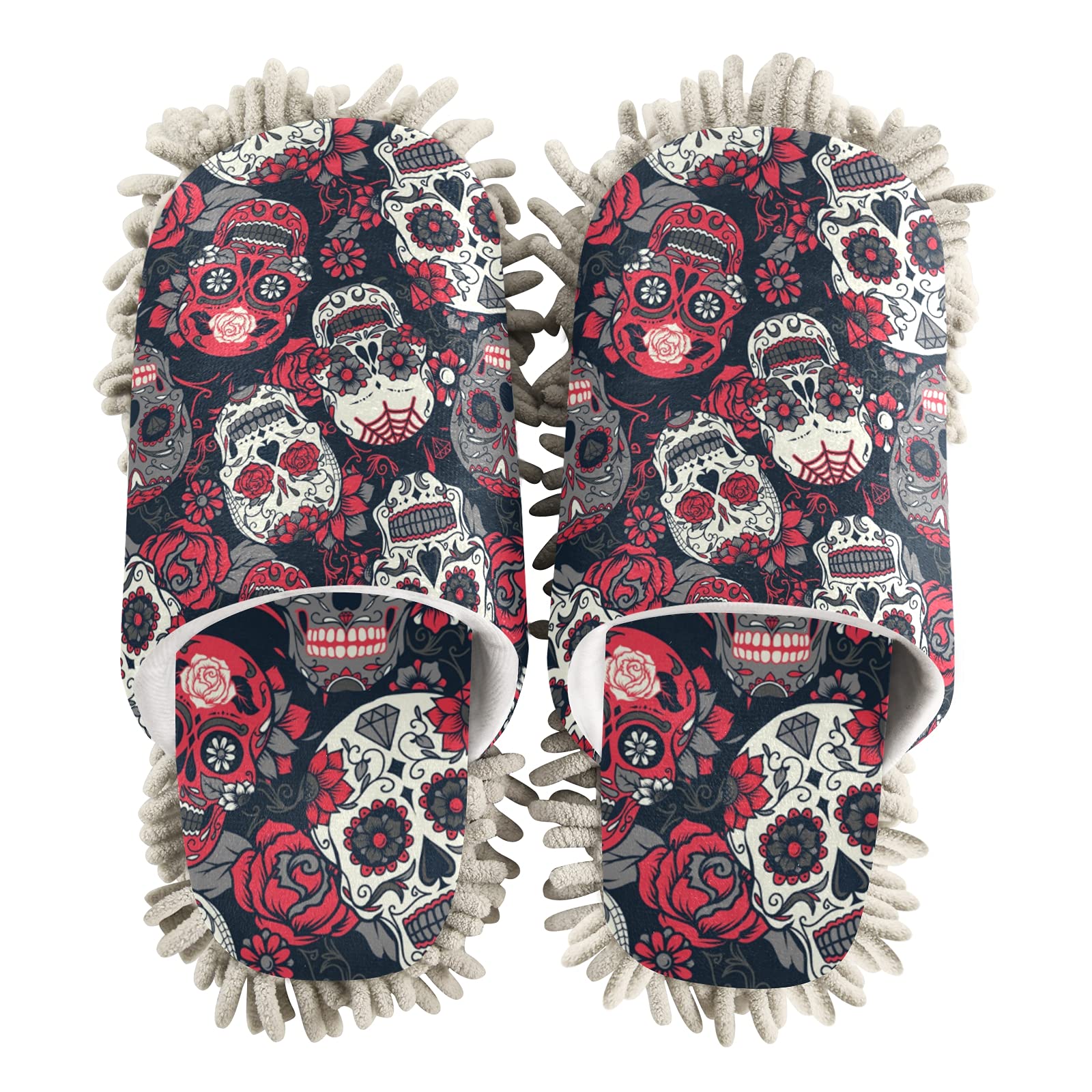 Colorful Sugar Skull Mop Slippers - Floral Day of the Dead House Shoes for Men & Women | Non-Slip Cleaning Slippers with Rose Flower Design | Perfect for Spa, Dusting, and Home Cleaning