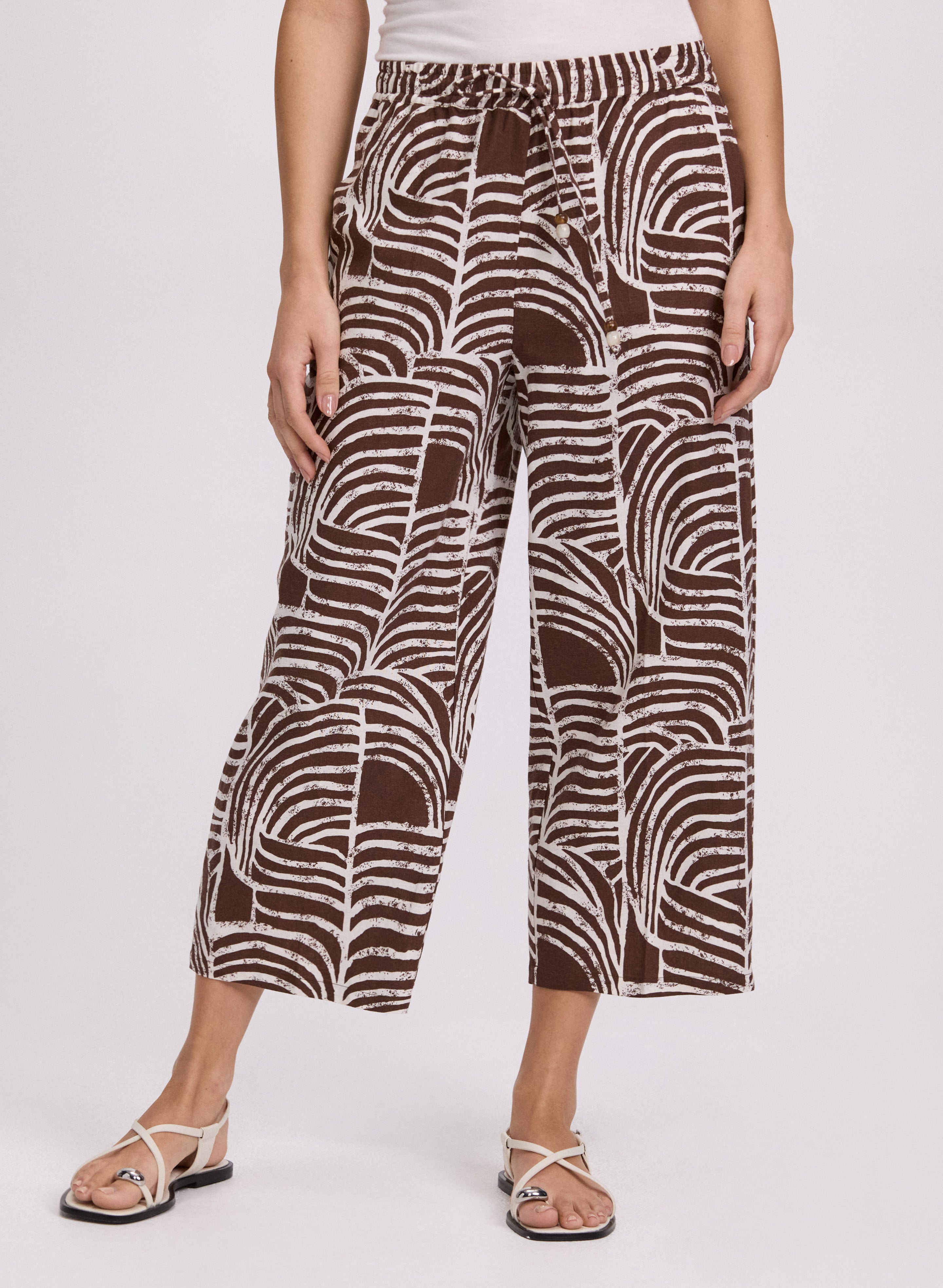 Abstract Linen Blend Capris Women's Casual Pants - Comfortable Summer Stretch Trousers for Travel, Yoga & Beach Wear
