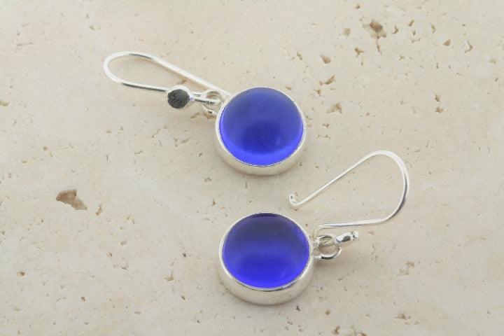 Blue Circle Sea Glass Earrings - Handmade Dangle Jewelry for Women - Perfect for Beach Weddings & Boho Fashion