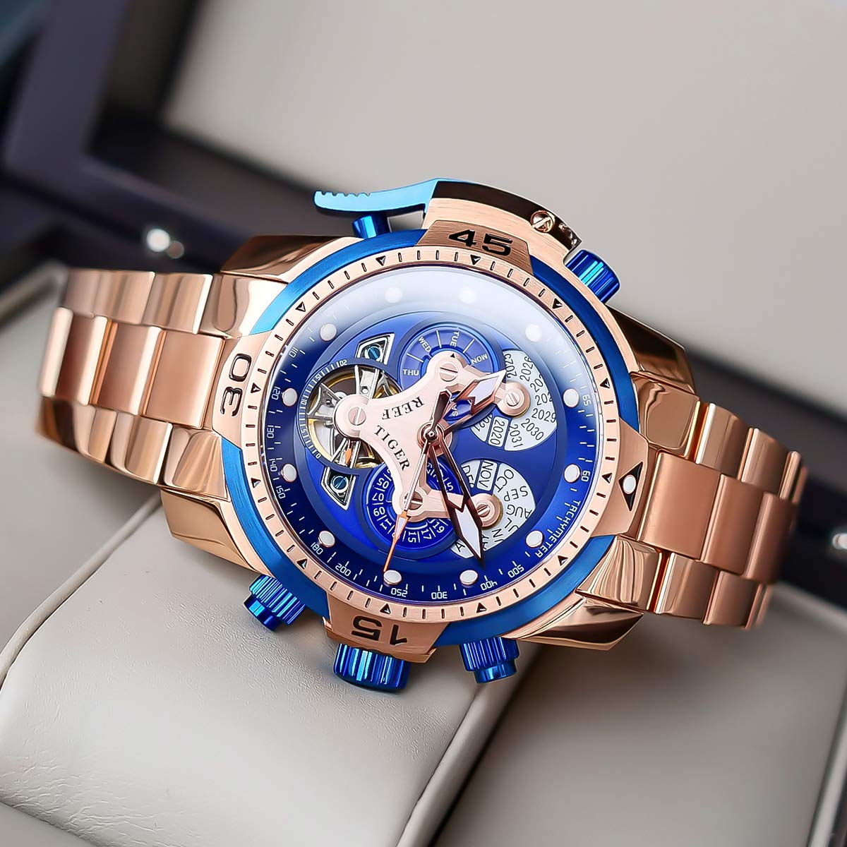 REEF TIGER Luxury Men's Mechanical Watch - Rose Gold Date Day Complicated Bracelet Watch RGA3503 | Perfect for Business, Formal Events & Gift Giving