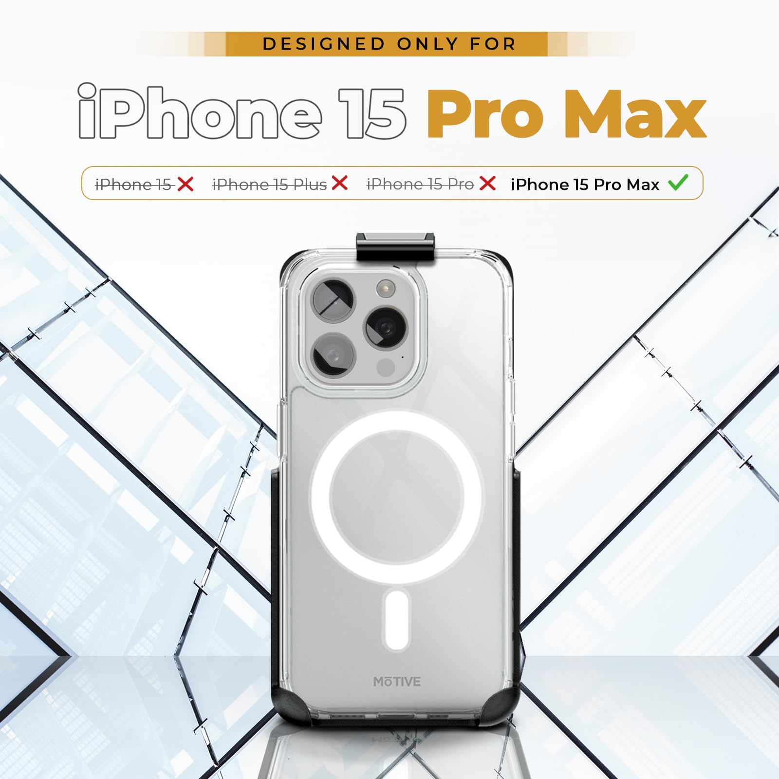 MOTIVE Ultra Strong Magnetic Clear iPhone 15 Pro Max Case with Belt Clip - Magsafe Compatible, Military Grade Drop Protection, Slim Protective Cover for iPhone 15 Pro Max 6.7