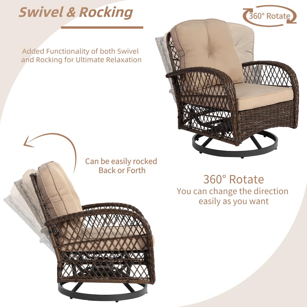 3-Piece Patio Bistro Set with Wicker Swivel Rocker Chairs - 2x 360° Rotating Chairs with Thick Cushions + 1 Tempered Glass Side Table - Outdoor Furniture for Garden, Balcony, Deck or Poolside (Brown/Khaki)