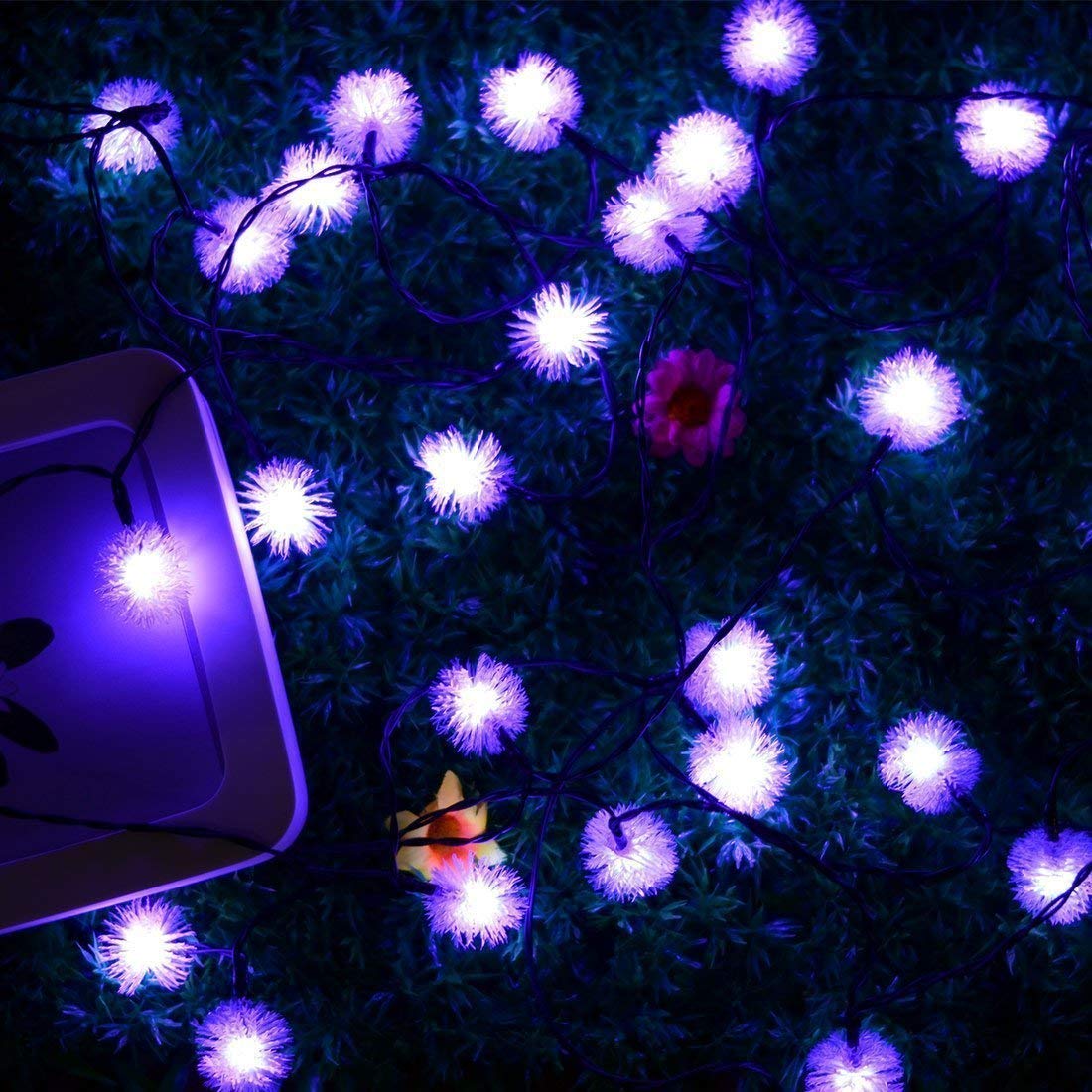 20FT 30LED Solar Powered Dandelion Ball String Lights - Waterproof Outdoor Fairy Lights for Garden, Patio, Camping, Christmas & Wedding Decor (Purple) | Perfect for Backyard Parties & Romantic Ambiance
