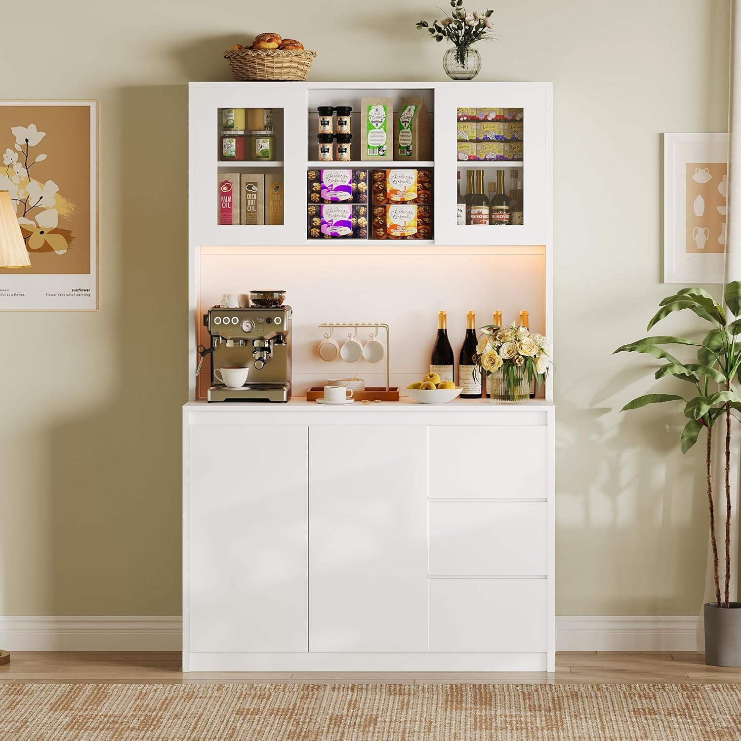 Modern White Kitchen Pantry Cabinet with LED Lights - Charging Station & Microwave Stand - Tall Buffet Cabinet with Countertop - Perfect for Small Kitchens, Dining Rooms & Home Organization