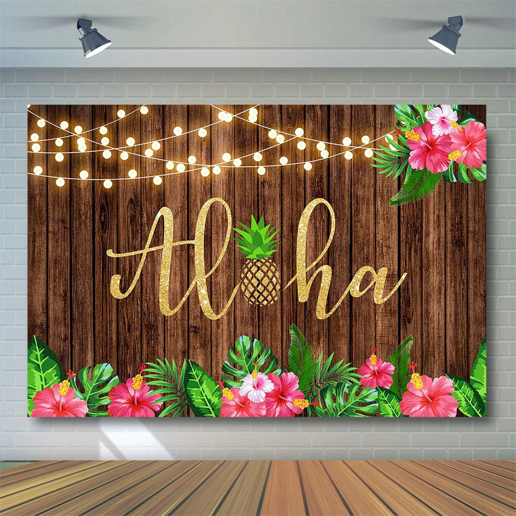 7x5ft Aloha Party Backdrop - Tropical Wood Leaves & Flower Hawaiian Luau Decor for Kids Birthday, Baby Shower & Photo Booth - Perfect for Hawaiian Themed Parties, Luau Events & Tropical Celebrations