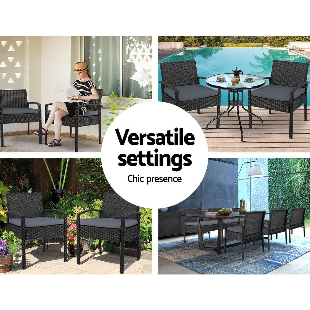 2-Pack Black Wicker Patio Dining Chairs with Cushions - Outdoor Garden Furniture Set for Bistro, Cafe, and Lounge Settings - Perfect for Backyard, Poolside, and Terrace Use