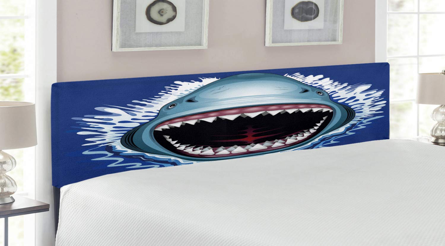 Ambesonne Shark Headboard King Size - Upholstered Metal Bed Frame with Memory Foam, Navy Blue Grey Fuchsia Ocean Wildlife Design | Perfect for Kids' Bedroom, Beach House Decor & Shark Theme Nursery