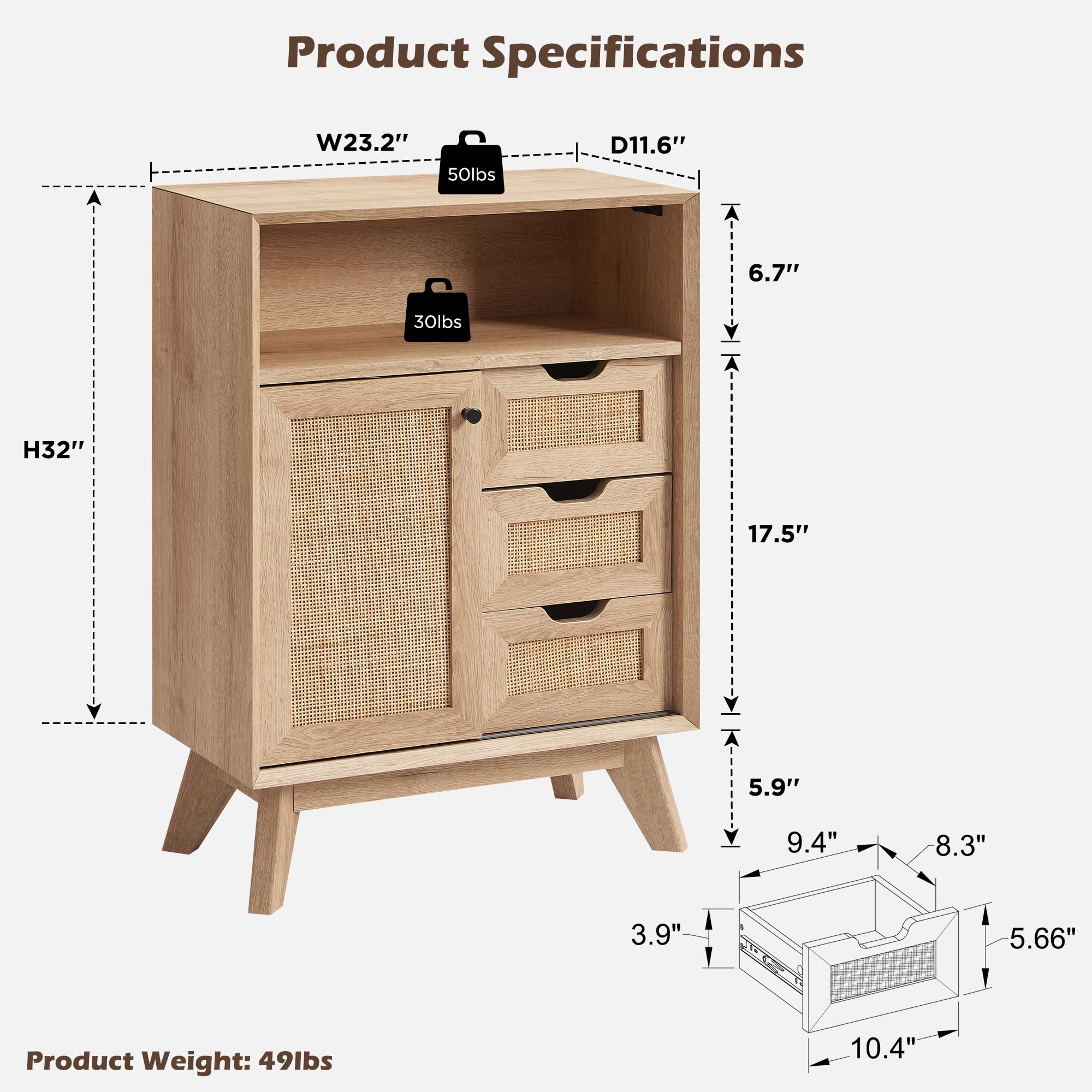 Natural Rattan Bathroom Storage Cabinet with Sliding Door & 3 Drawers - Modern Boho Freestanding Organizer for Bathroom, Kitchen, Dining Room | Perfect for Small Space Organization & Home Decor
