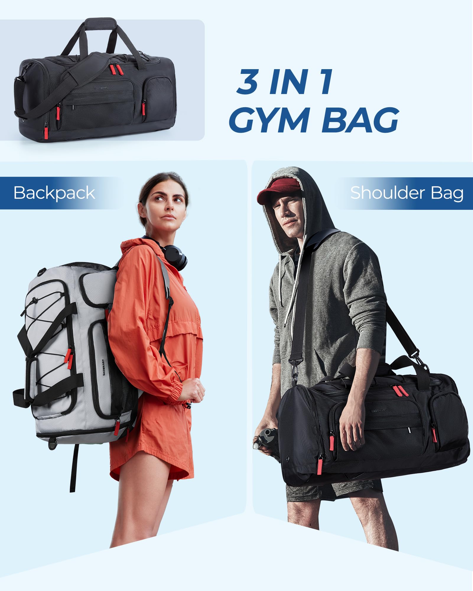 BAGSMART 35L Gym Bag for Women & Men - Sports Travel Duffel Bag with Shoe & Laptop Compartment, Anti-Theft Carry On Weekender Bag for Airplane, Workout, Overnight Backpack for Travel - Black | Perfect for Gym, Business Trips & Weekend Getaways