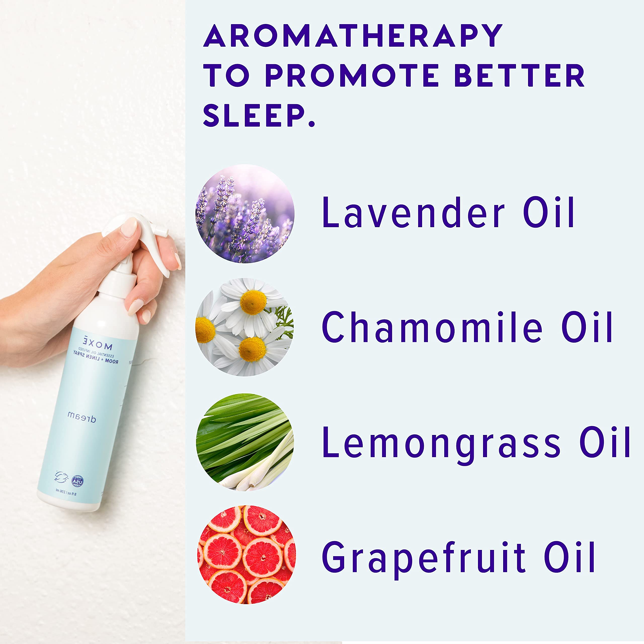 MOXE Dream Linen & Room Spray - Natural Essential Oil Sleep Mist with Lavender, Chamomile & Lemongrass (8oz) | Aromatherapy for Bedding, Pillows & Home Relaxation | Perfect for Bedtime, Yoga & Stress Relief
