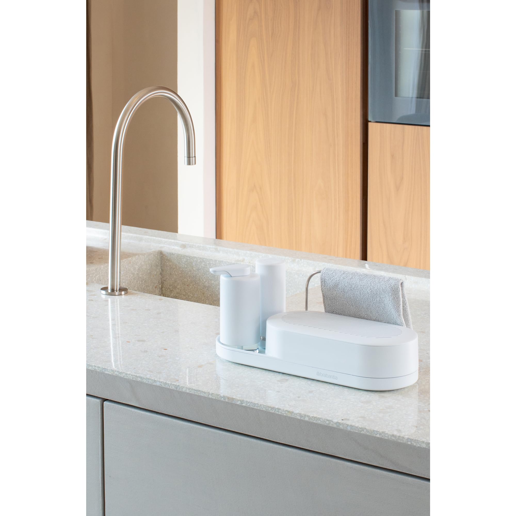 Brabantia 3-Piece Sink Organizer Set - Soap Dispenser, Soap Squeezer & Storage Tray - Compact Space-Saving Design with Drip Tray & Non-Slip Base - Mineral Fresh White - Perfect for Kitchen, Bathroom & Vanity Organization