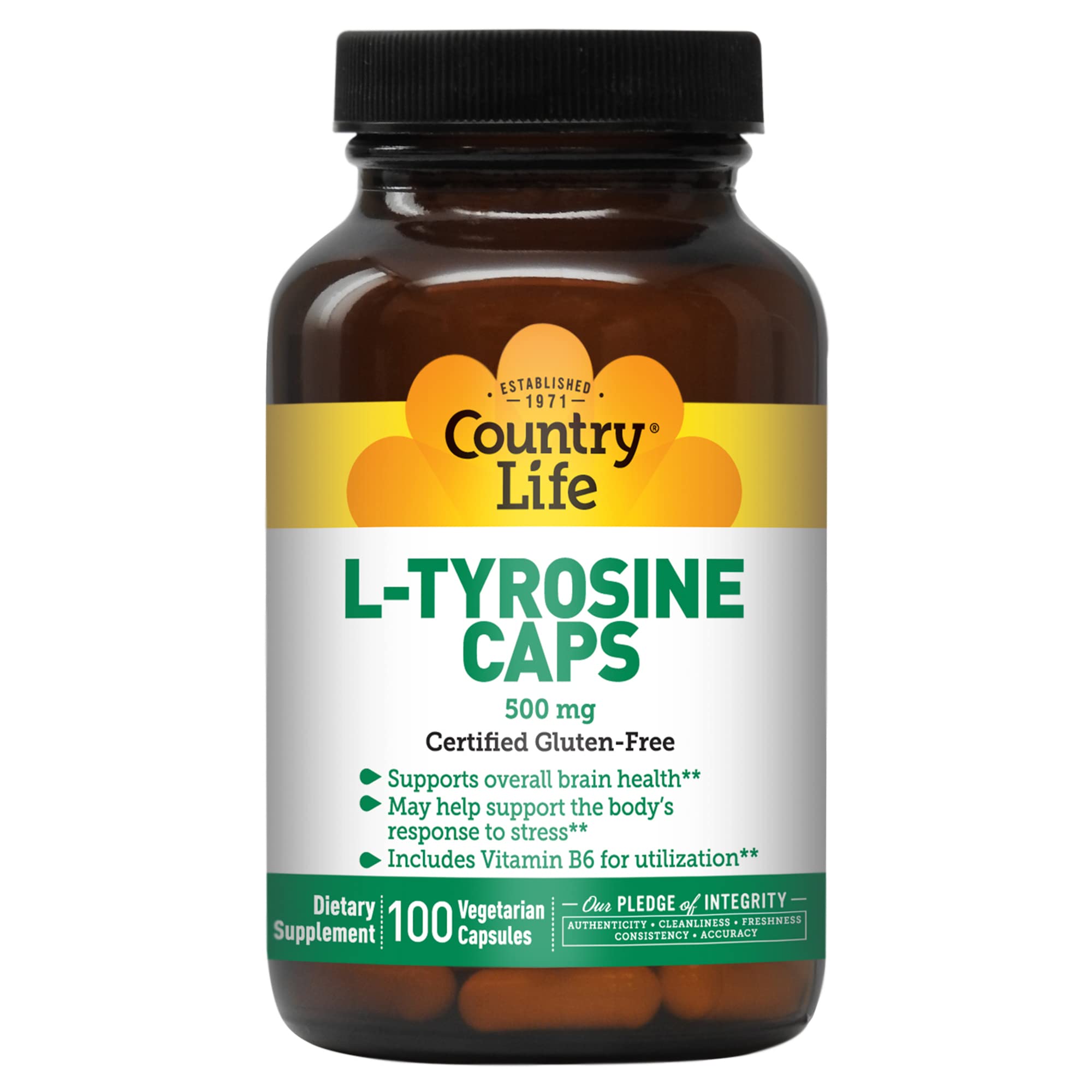 Country Life L-Tyrosine 500mg Capsules - 100 Vegetarian Caps for Brain Health & Focus Support | Gluten Free, Halal Certified | Ideal for Stress Relief & Mental Clarity