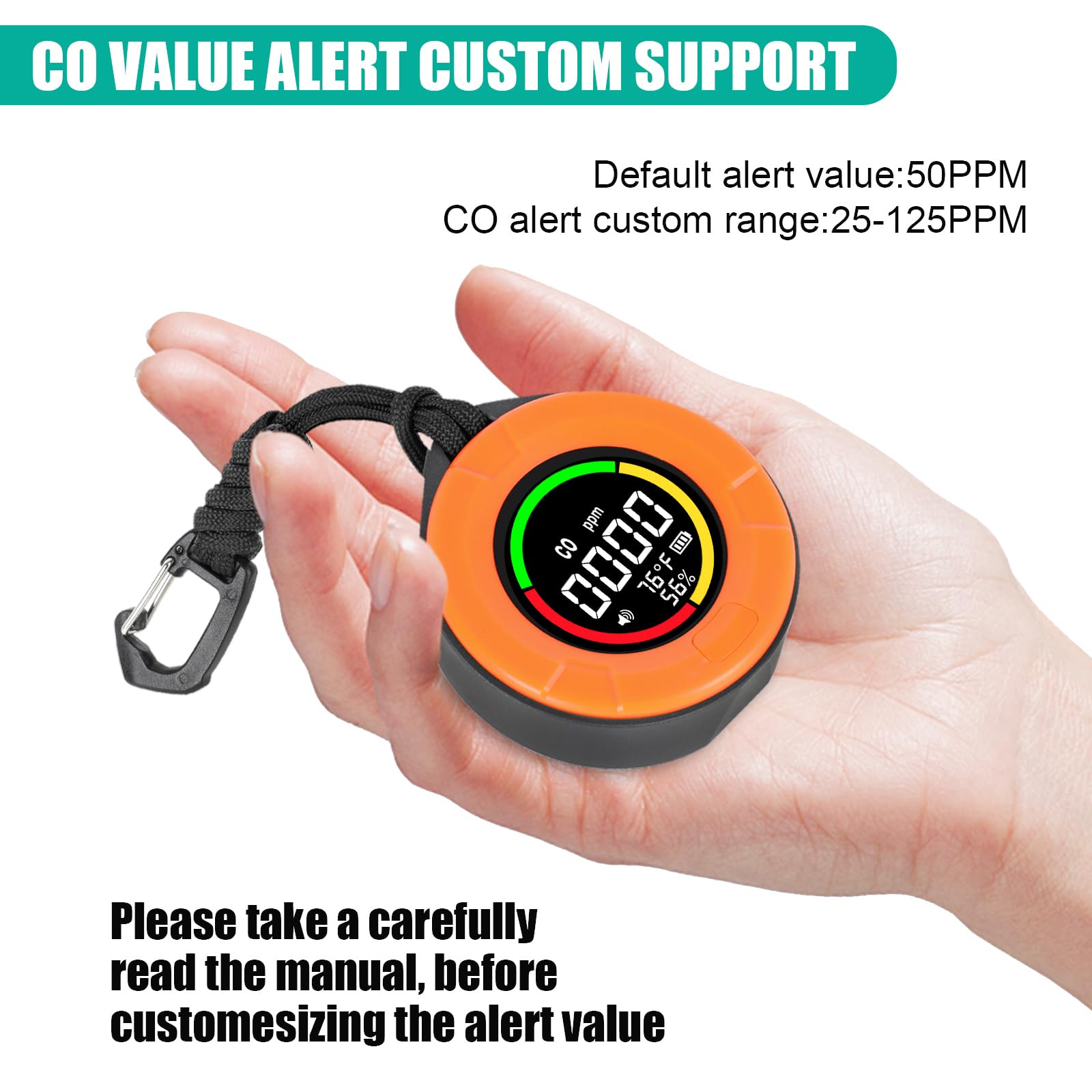 3-in-1 Portable Carbon Monoxide Detector with Air Quality Monitor - Mini CO Gas Alarm Sensor for Temperature & Humidity Detection - Ideal for Travel, Camping, RV, Car & Indoor Use (Orange)