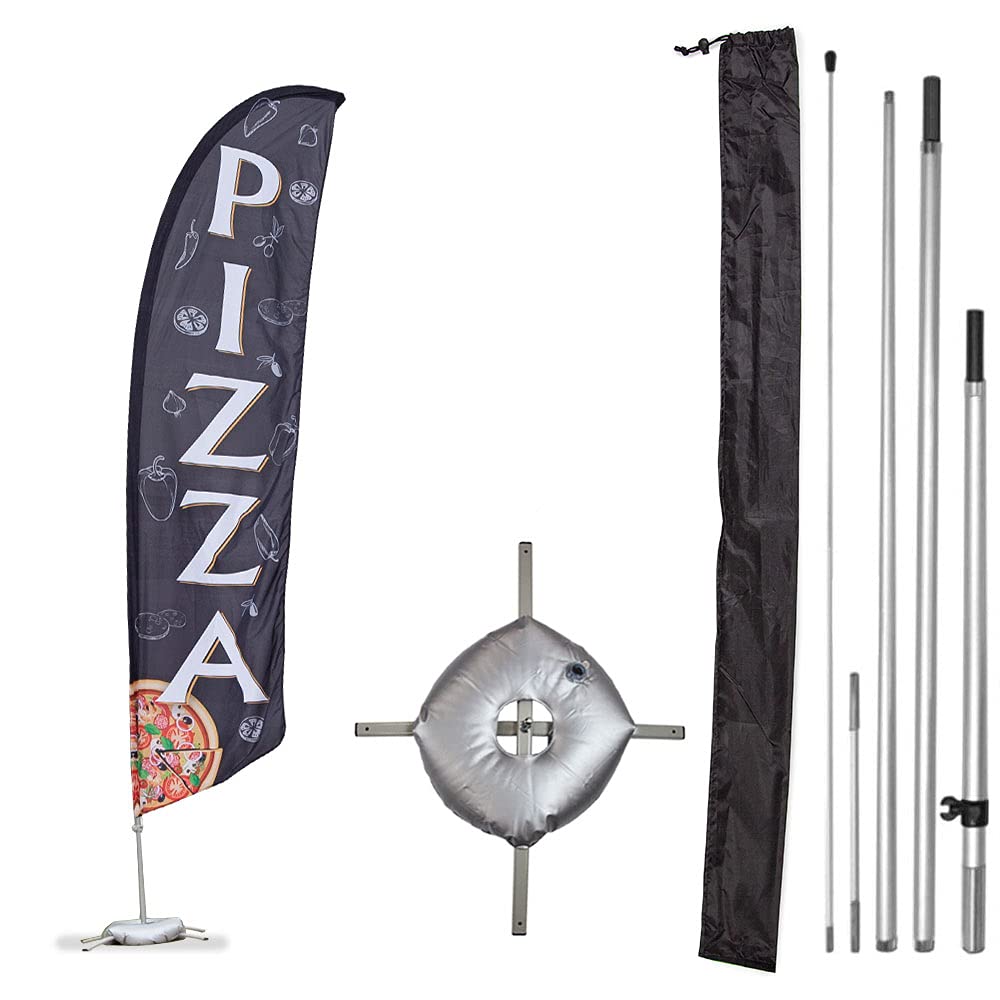 Premium Pizza Feather Flag Kit - 13ft Aviation Grade Fiberglass Poles, Pizza Flag, Cross Base, Weight Bag & Pole Sleeve Bag for Outdoor Advertising, Restaurants & Events