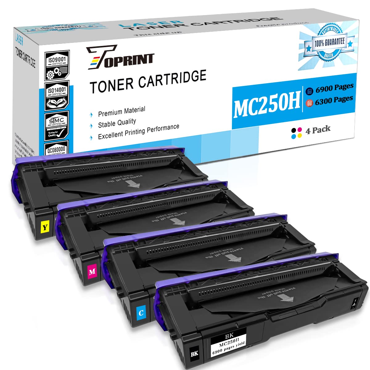 High-Capacity 4-Color Toner Cartridges for Ricoh M C250FW, M C250FWB, M C251FW, P C300W, P C301W - 6900 Pages Black & 6300 Pages CMY - Compatible with M C250, P C300, P C301, C250H, C300W - Perfect for Office Printing & High-Volume Document Production