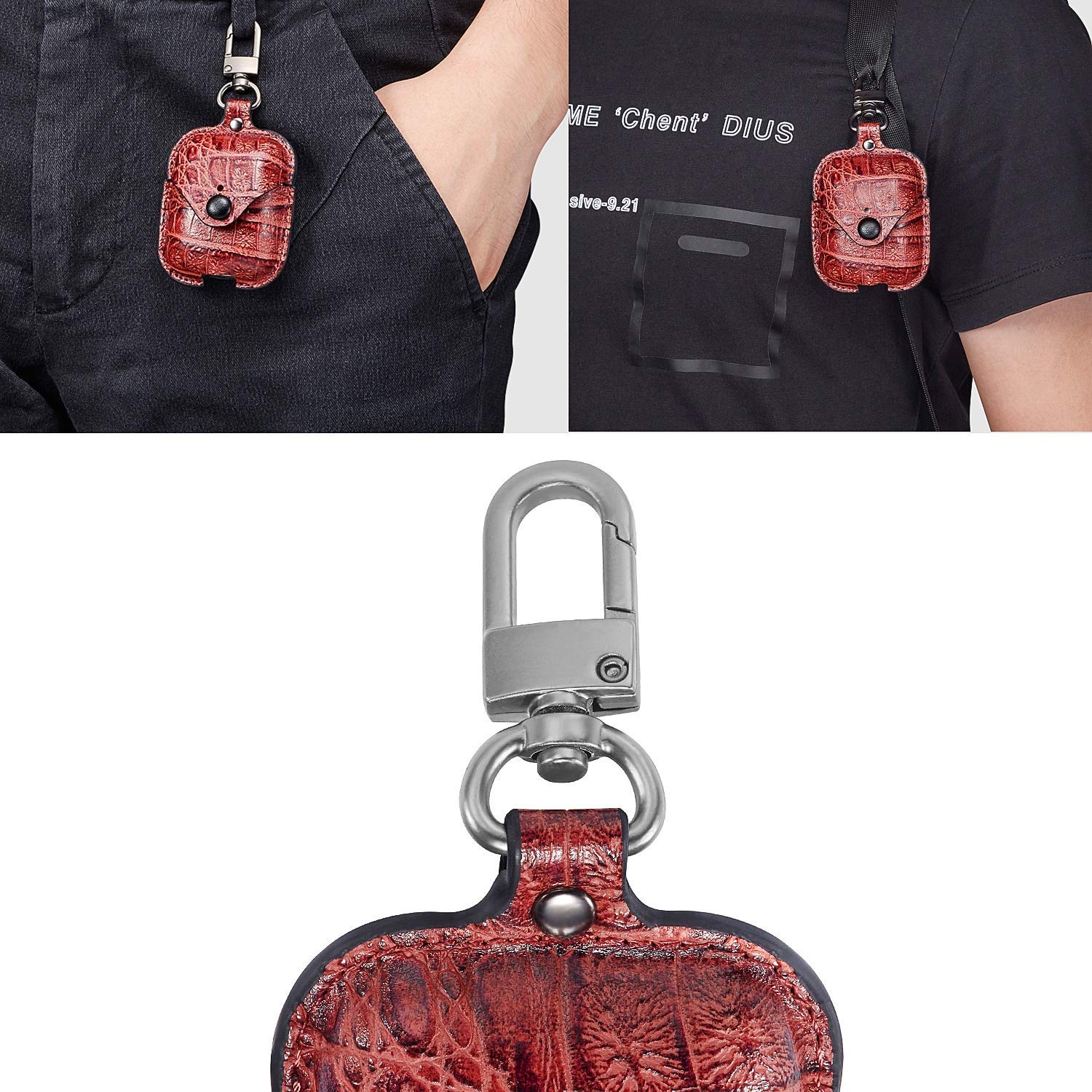 Leather AirPods 1/2 Charging Case Cover with Secure Snap-Fastener - Compatible with Apple AirPods 1st & 2nd Generation (Red) | Perfect for Travel, Gym & Daily Protection