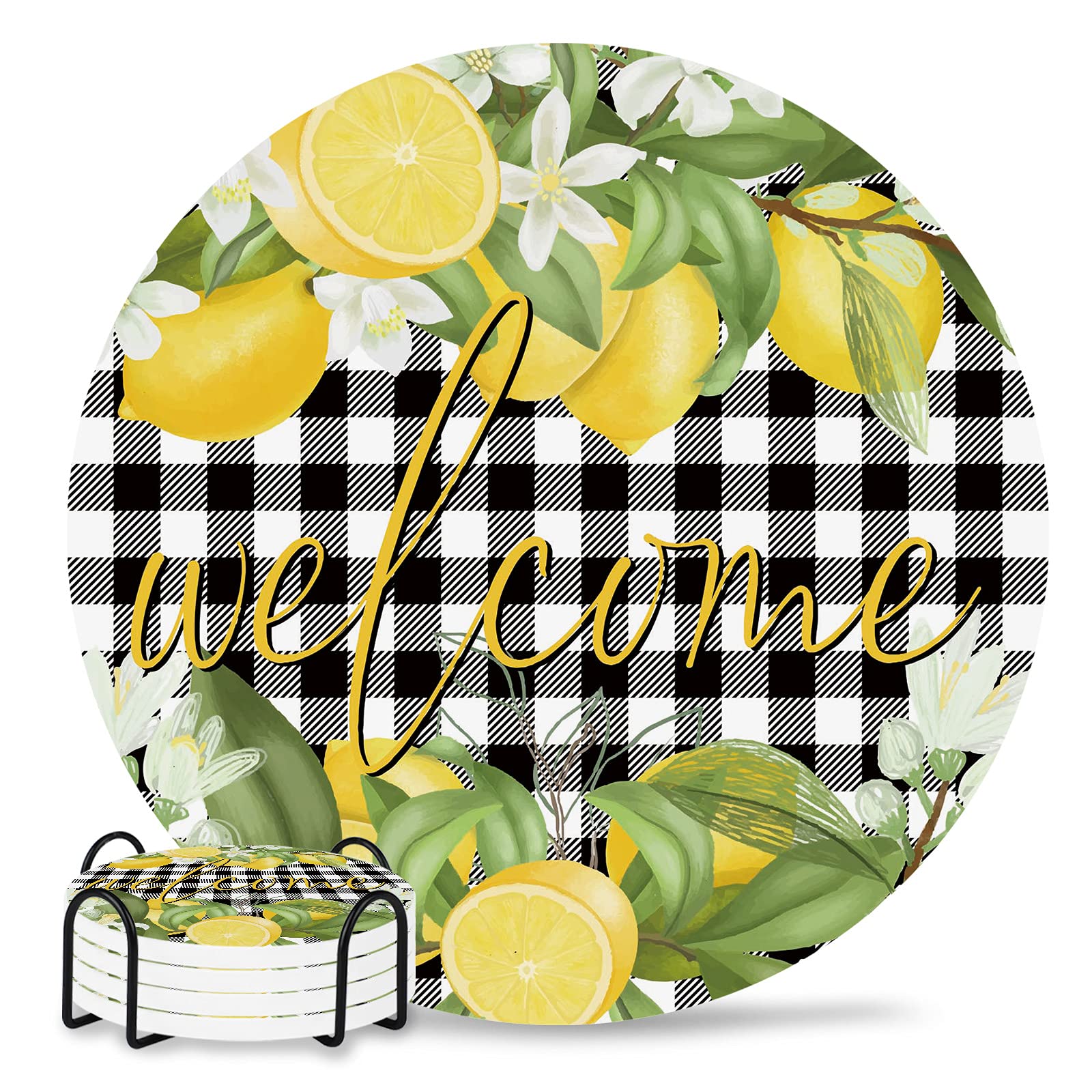 Absorbent Ceramic Drink Coasters Set of 4 - Non-Slip Cork Base, Buffalo Plaid Design for Wooden Tables & Bars - Perfect for Summer Entertaining, Coffee Cups & Glass Protection