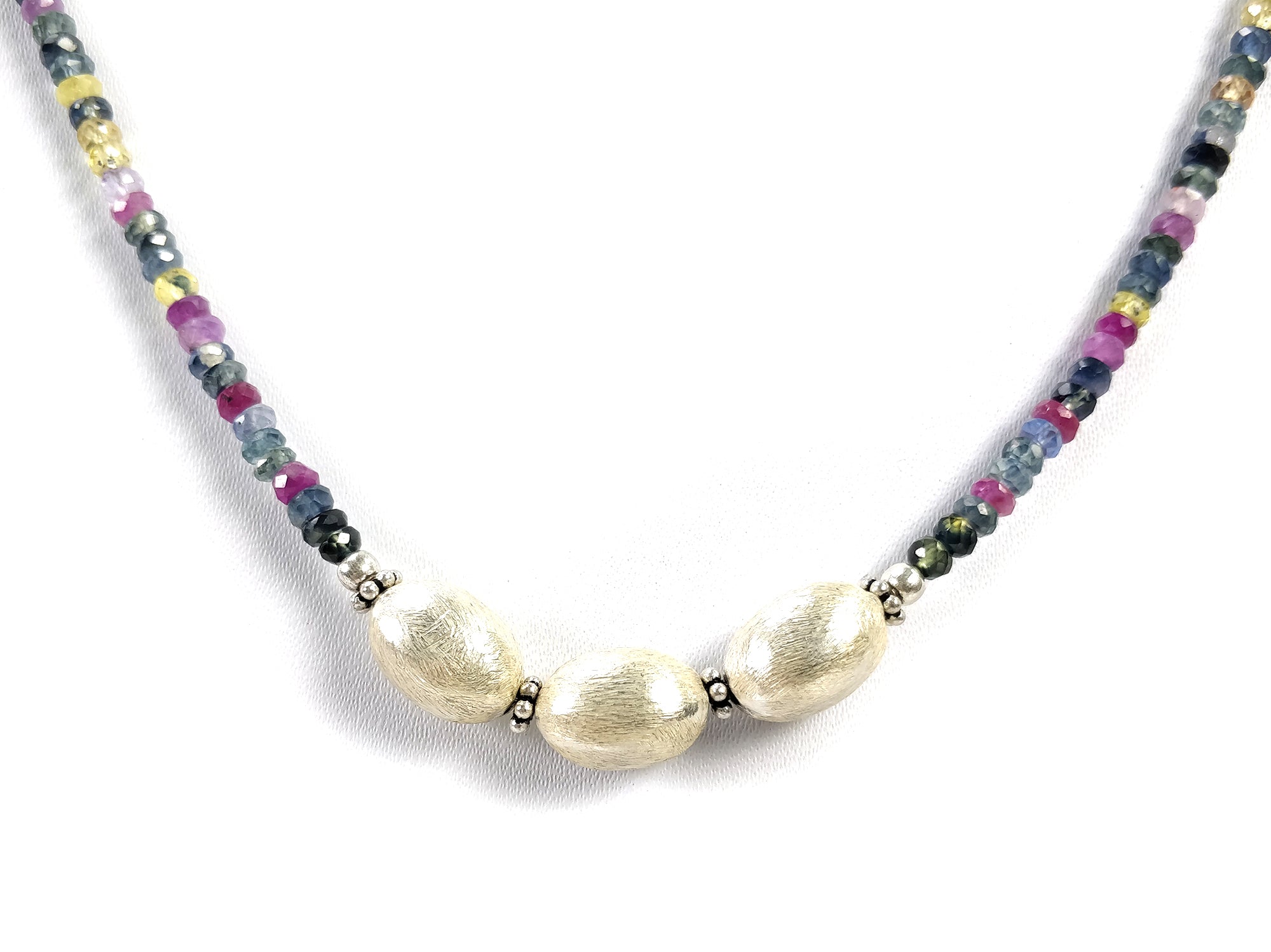 Natural Multi Sapphire Beaded Necklace for Women - 925 Sterling Silver Pendant Chain with Gemstone Beads - Elegant Jewelry Gift (18.5