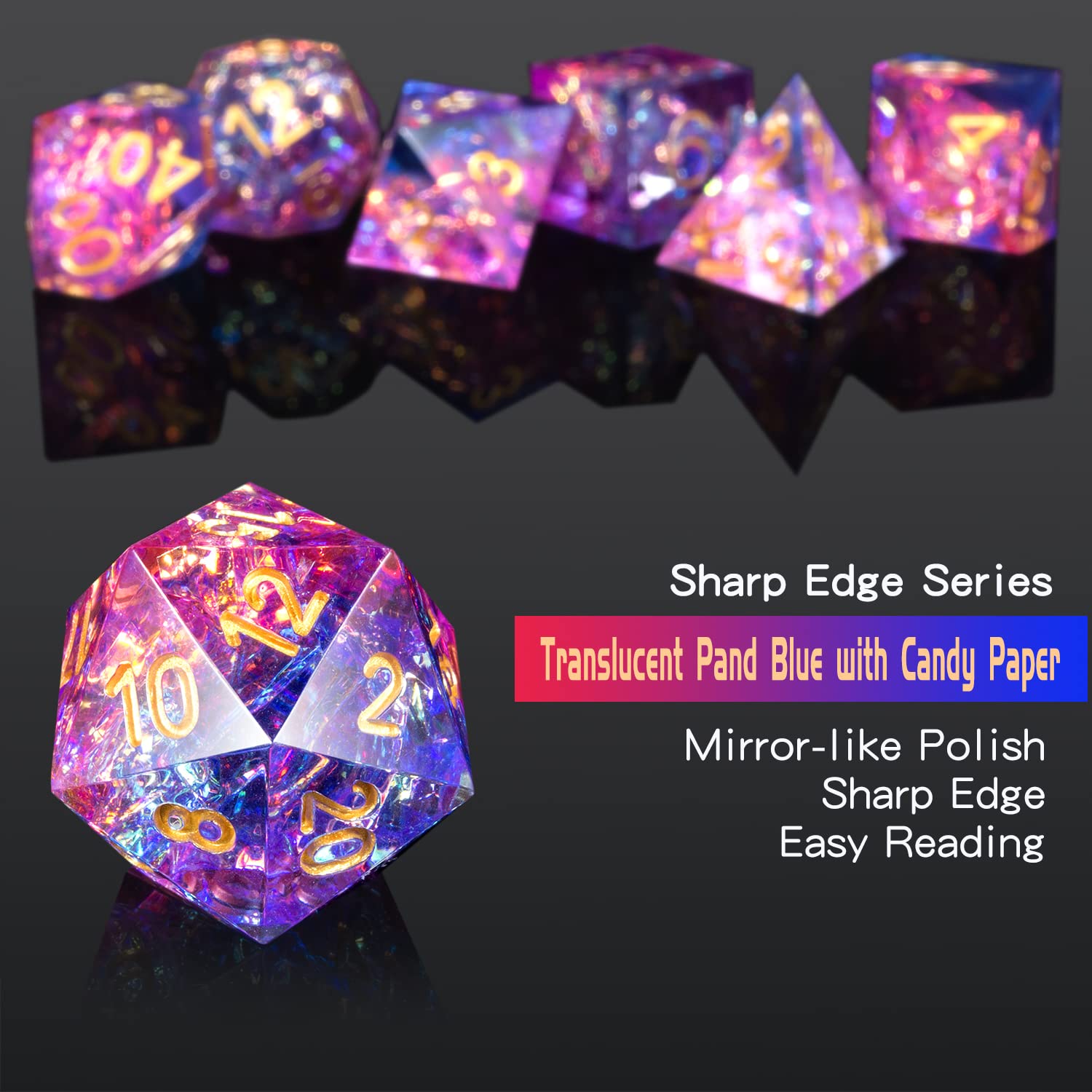 DND Dice Set - 7 PCS Sharp Edge Polyhedral Dice with Elegant Gift Case for Dungeons & Dragons RPG Games (Translucent Pink & Blue) - Perfect for Tabletop Gaming, D&D Campaigns, and Collectors