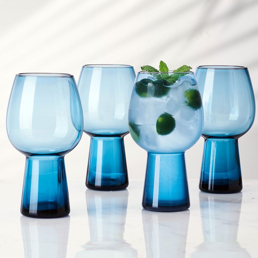 Phoebe Blue Set of 4 Elegant Goblet Beverage Glasses - Perfect for Wine Tasting, Cocktail Parties & Formal Dining