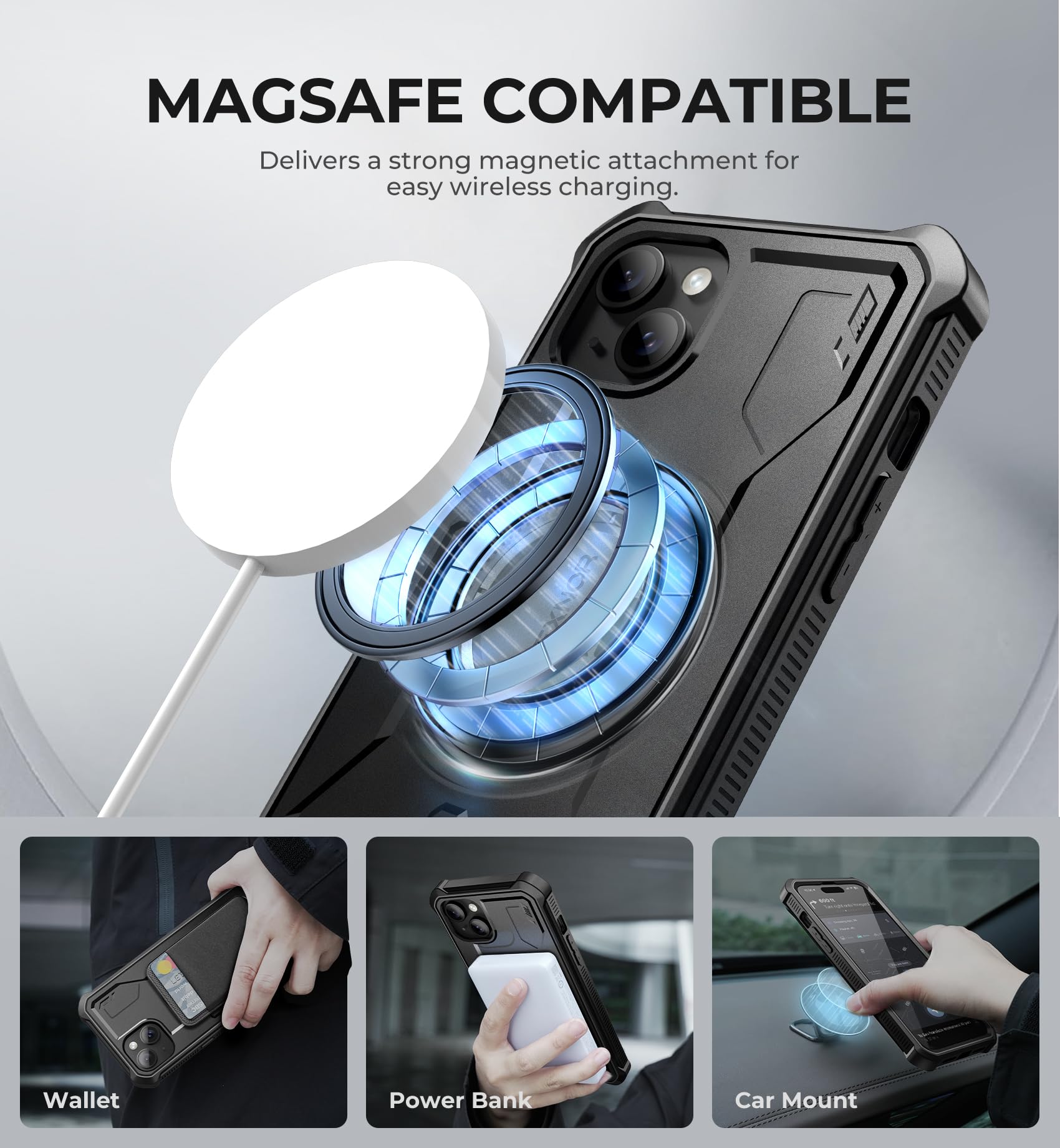 Dexnor Magnetic Shockproof Case for iPhone 15 Plus & iPhone 14 Plus - Magsafe Compatible Rugged Bumper Cover with Built-in Screen Protector & Kickstand (Black) - Perfect for Outdoor Adventures, Work & Daily Protection