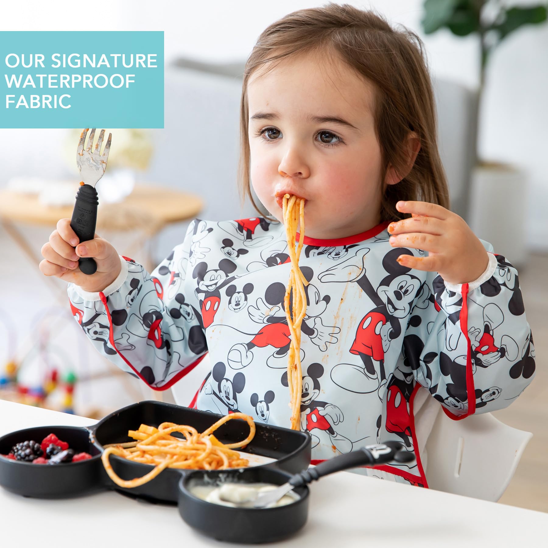 Bumkins Long Sleeve Baby Bib - Classic Mickey Mouse Design, Waterproof & Adjustable for Messy Meals - Perfect for Toddler Feeding, Art Play & Outdoor Activities